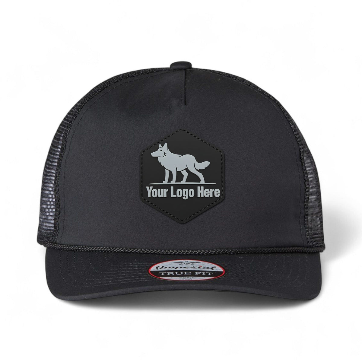 PVC patch preview of Imperial 5055 custom hat in black, black and black