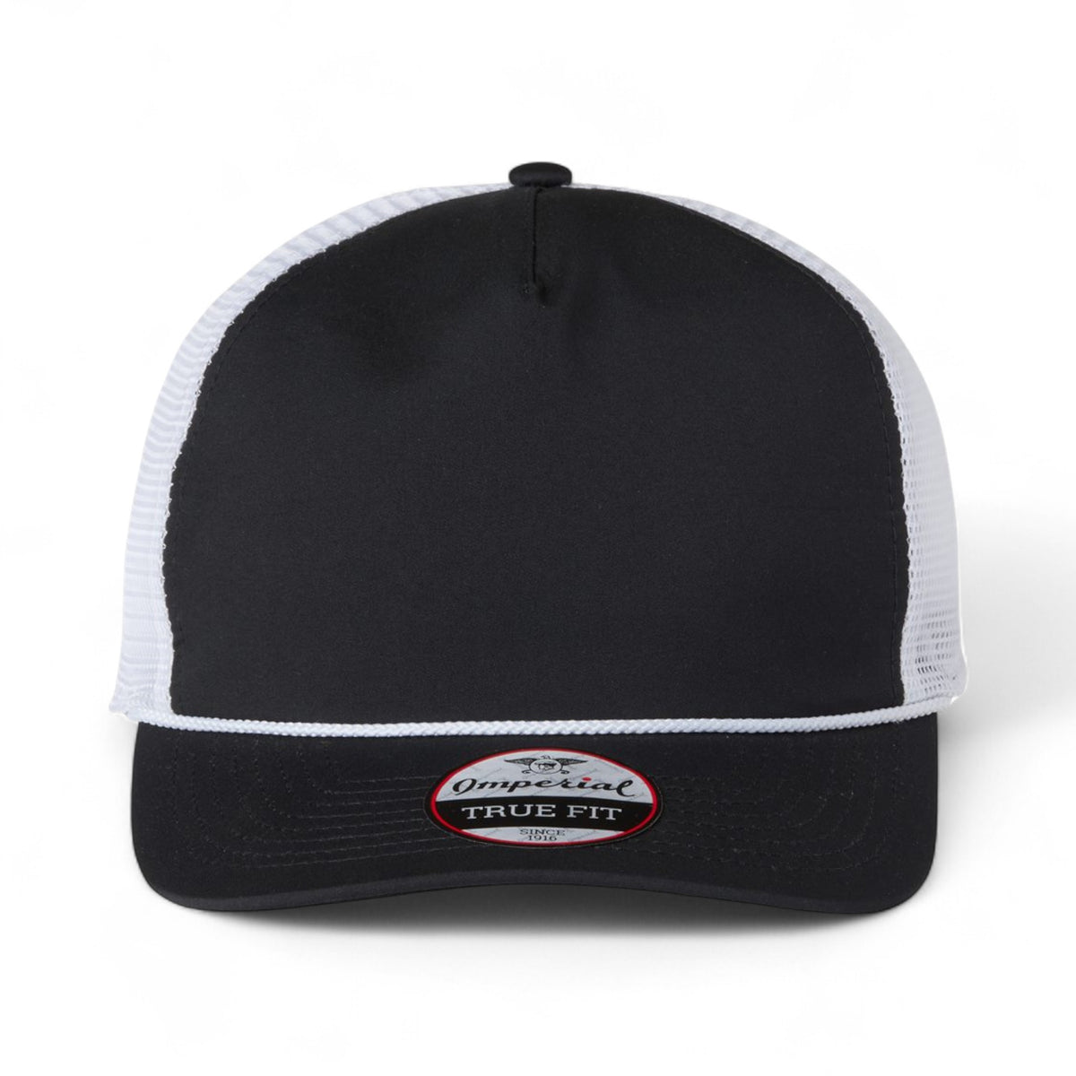 Front view of Imperial 5055 custom hat in black, white and white