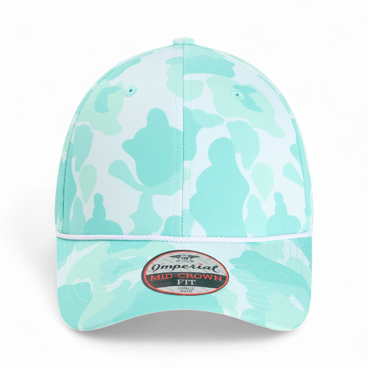 Front view of Imperial 5058 custom hat in frog skin camo aqua