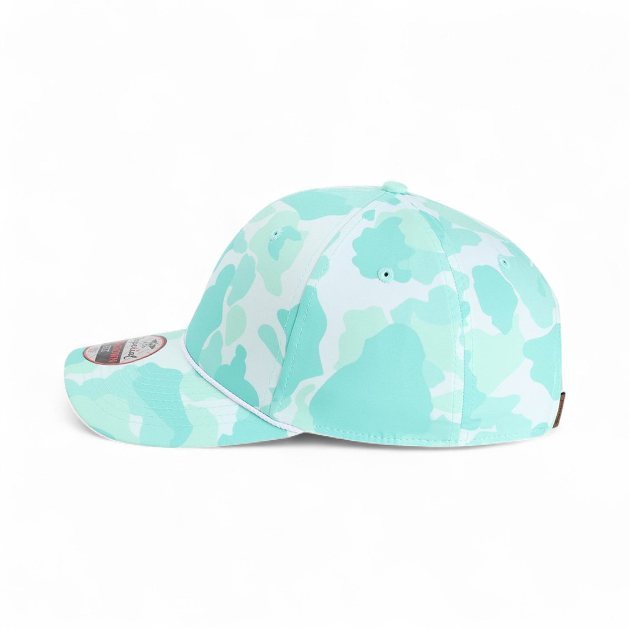 Left side view of Imperial 5058 custom hat in frog skin camo aqua