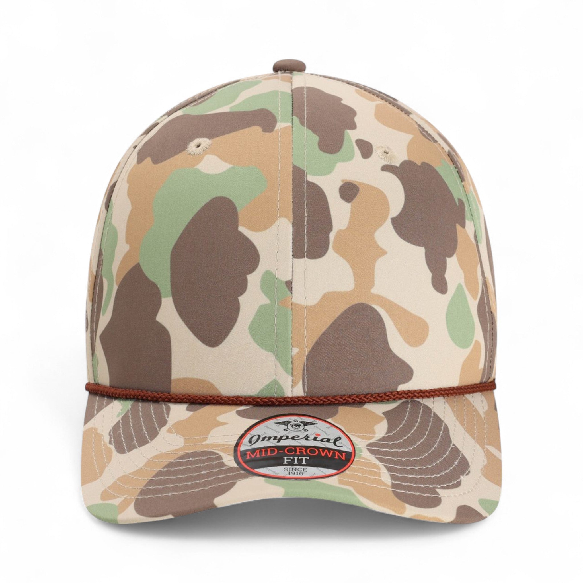 Front view of Imperial 5058 custom hat in frog skin camo and brown