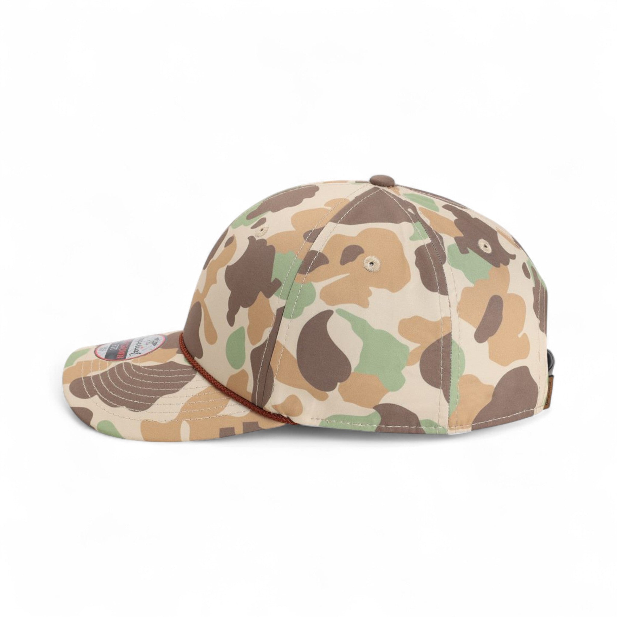 Left side view of Imperial 5058 custom hat in frog skin camo and brown