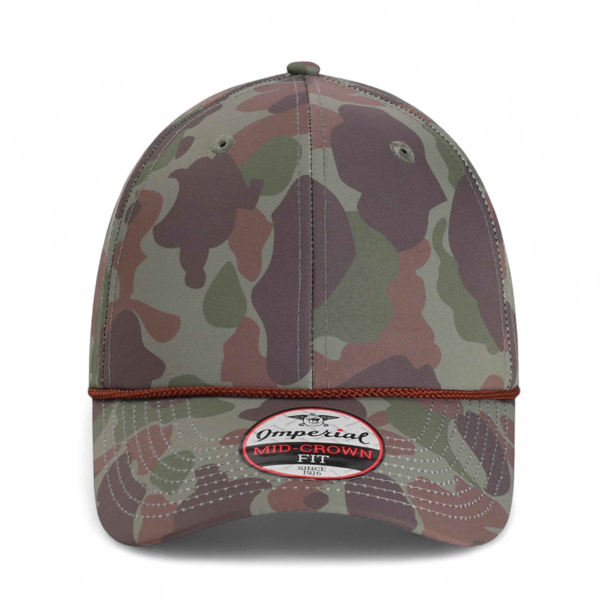 Front view of Imperial 5058 custom hat in frog skin camo and green