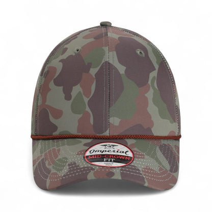 Front view of Imperial 5058 custom hat in frog skin camo and green