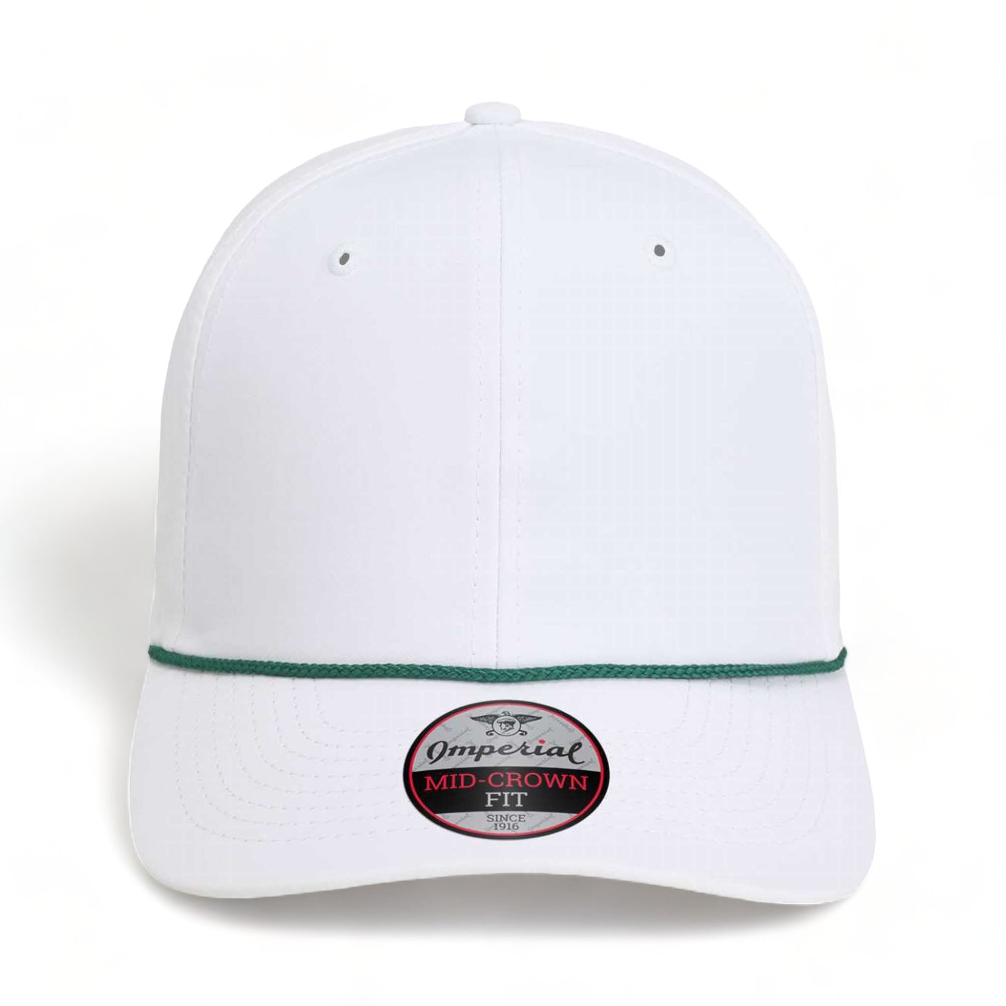 Front view of Imperial 7054 custom hat in white and dark green