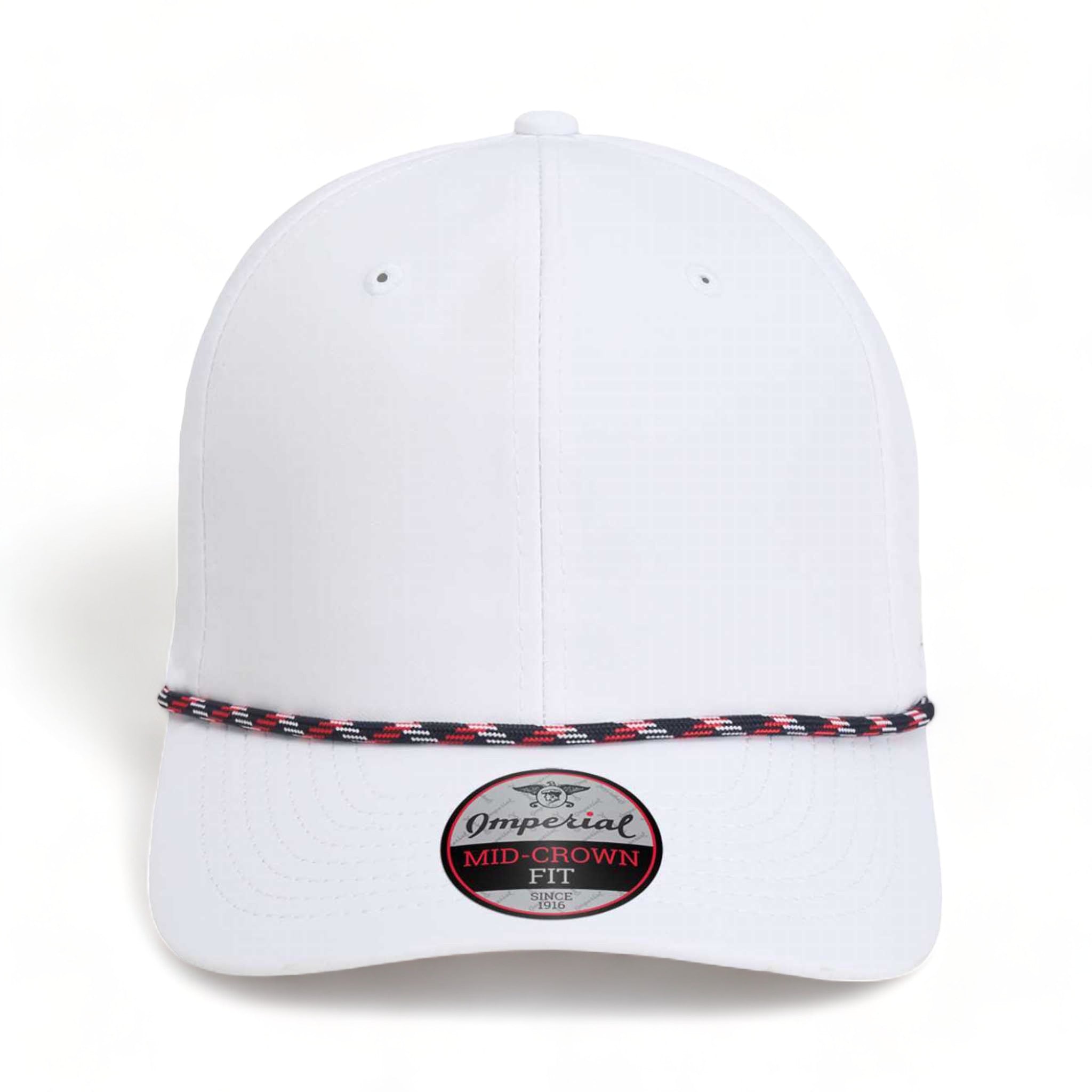 Front view of Imperial 7054 custom hat in white, navy, white and red