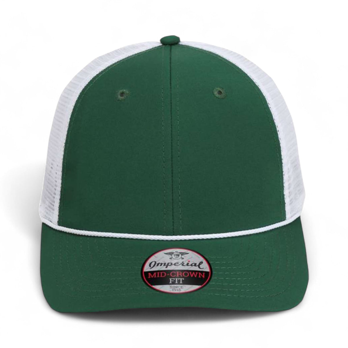 Front view of Imperial 7055 custom hat in forest and white
