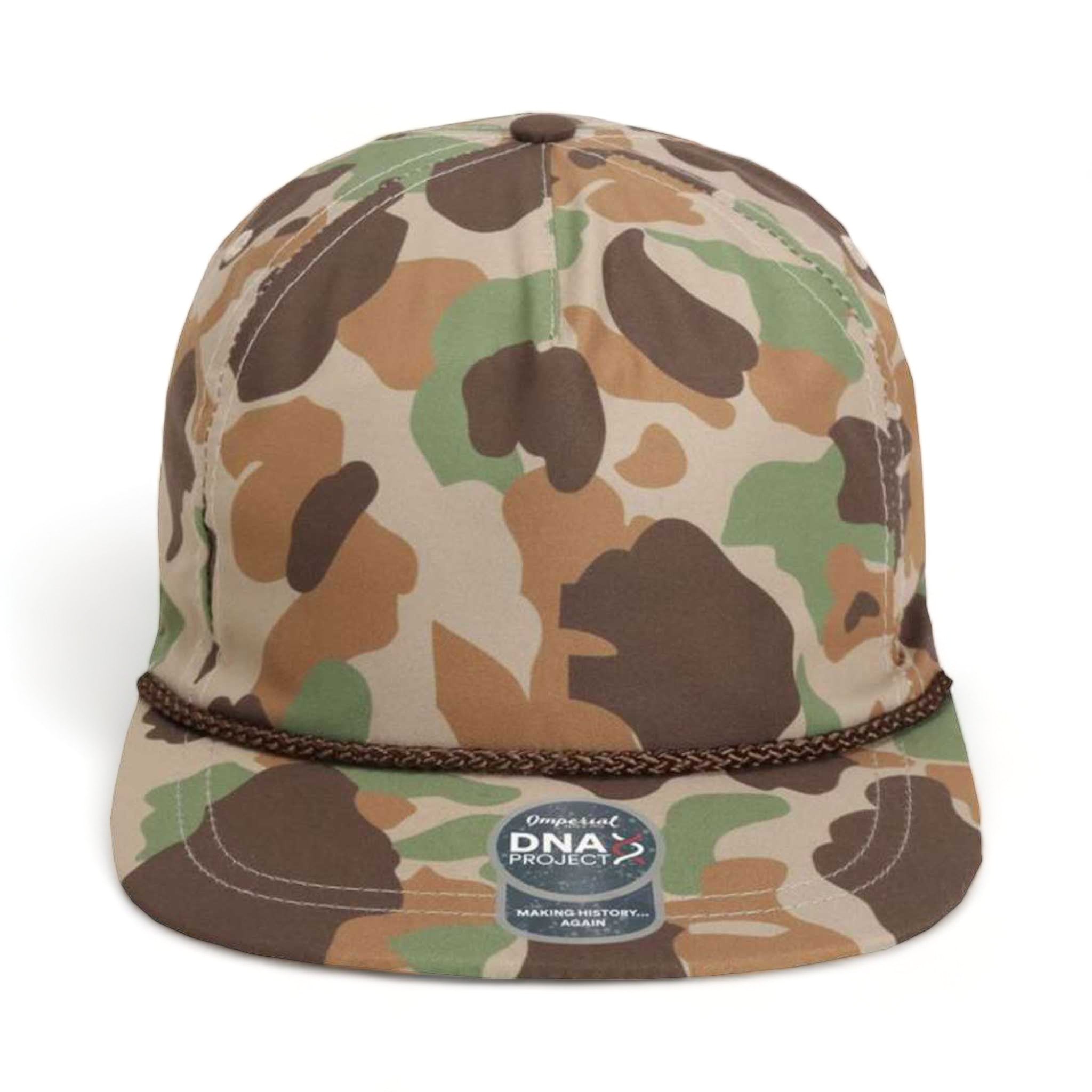 Front view of Imperial DNA010 custom hat in frog skin camo and brown