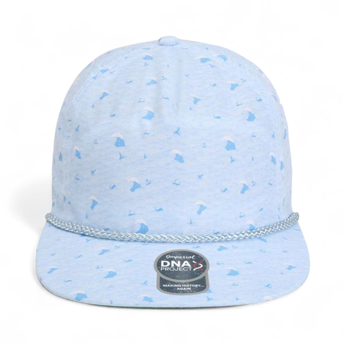 Front view of Imperial DNA010 custom hat in blue waves