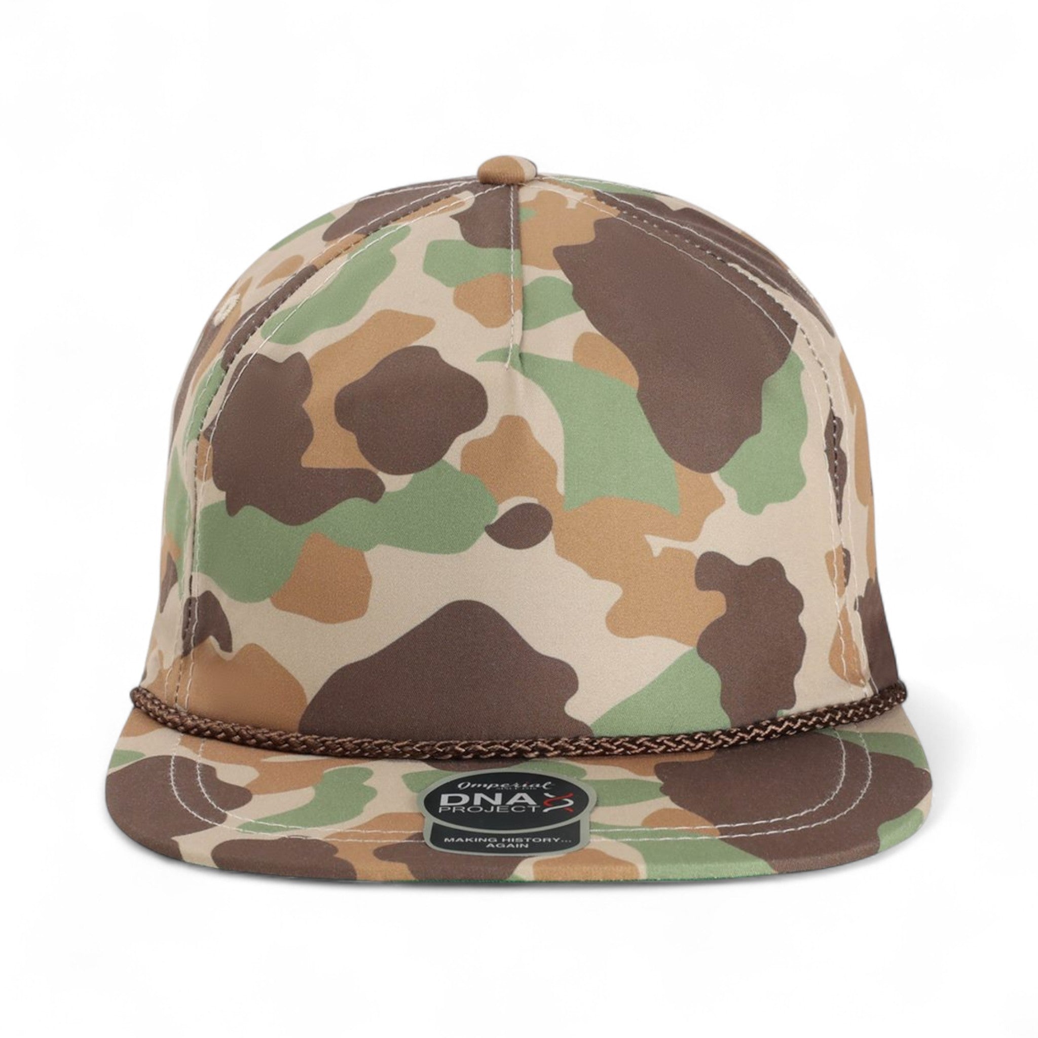 Front view of Imperial DNA010 custom hat in frog skin camo and brown
