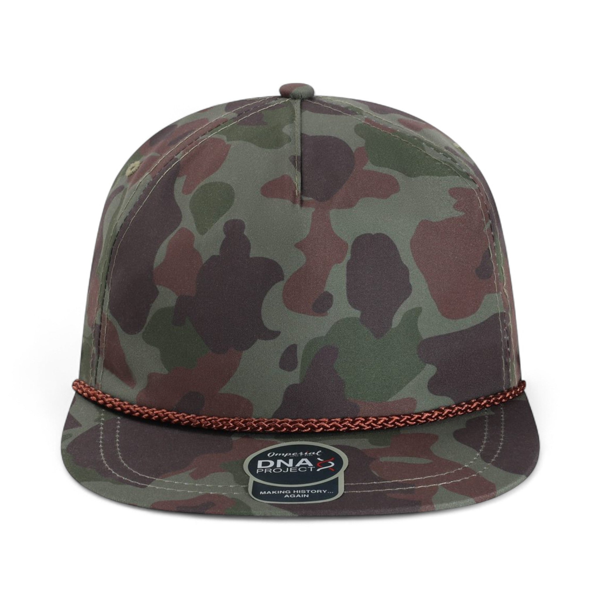 Front view of Imperial DNA010 custom hat in frog skin camo and green