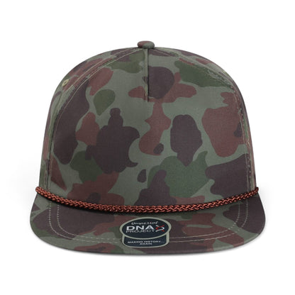 Front view of Imperial DNA010 custom hat in frog skin camo and green