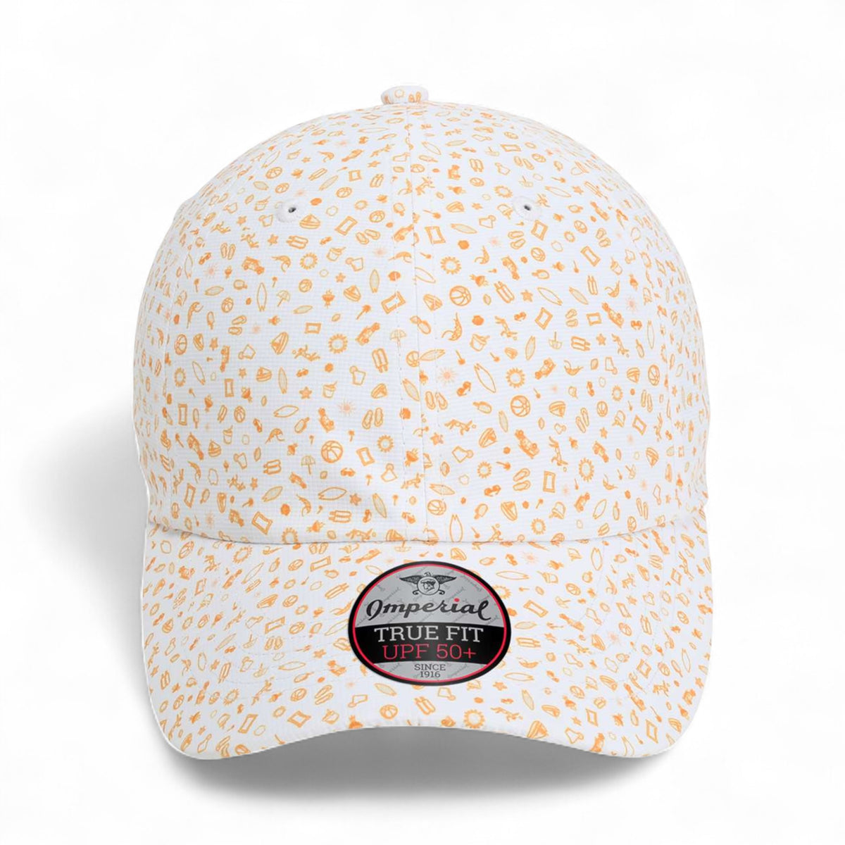 Front view of Imperial X210R custom hat in beach orange
