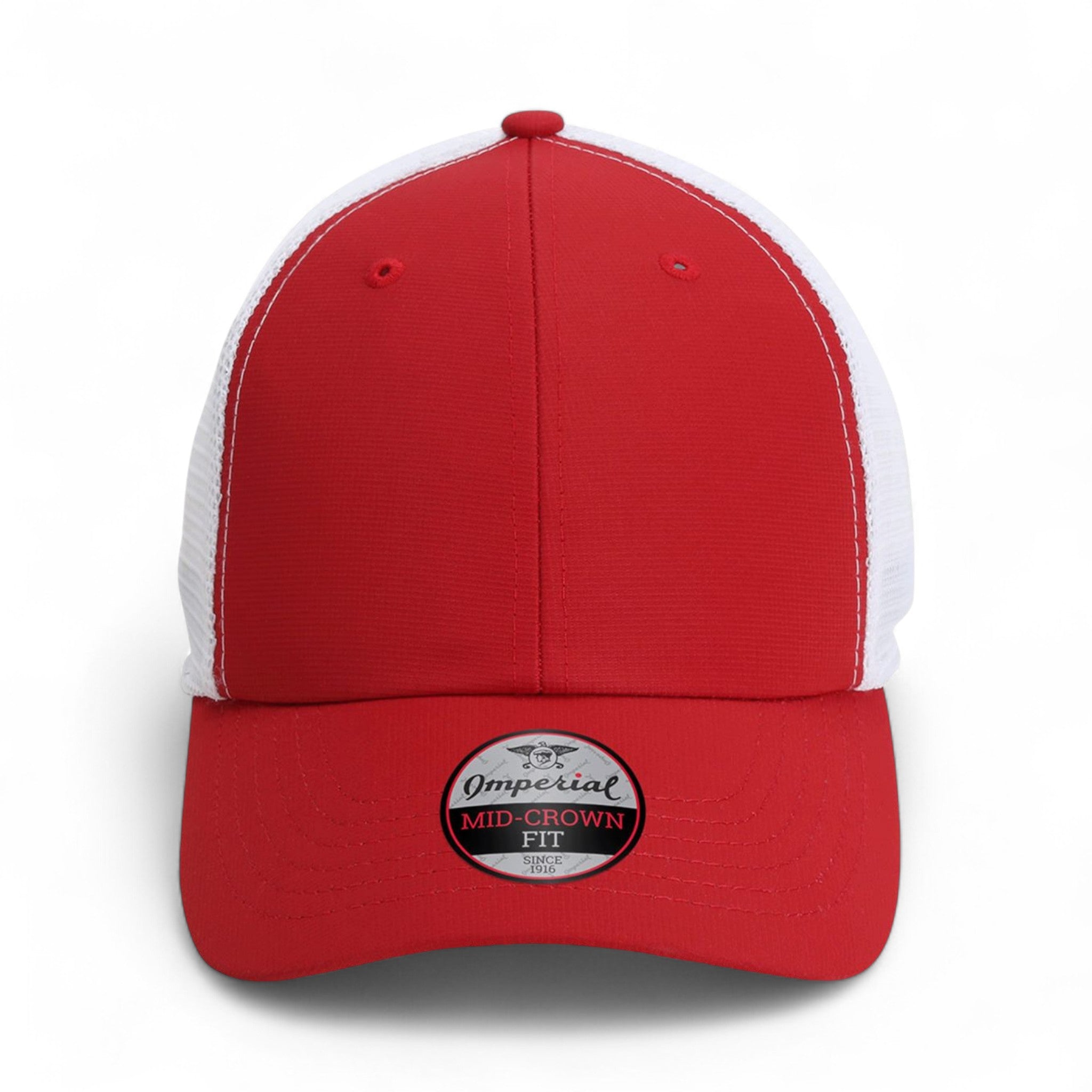 Front view of Imperial X210SM custom hat in cardinal and white