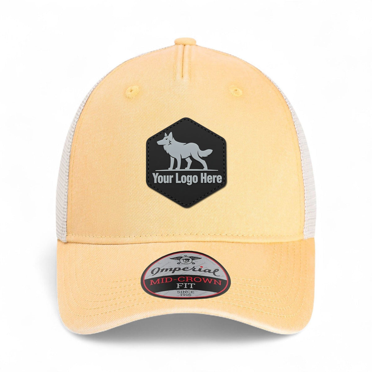 PVC patch preview of Imperial X240M custom hat in apricot and stone