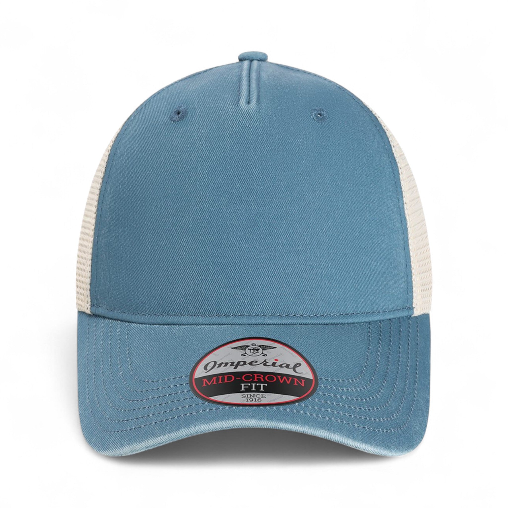 Front view of Imperial X240M custom hat in breaker blue and stone