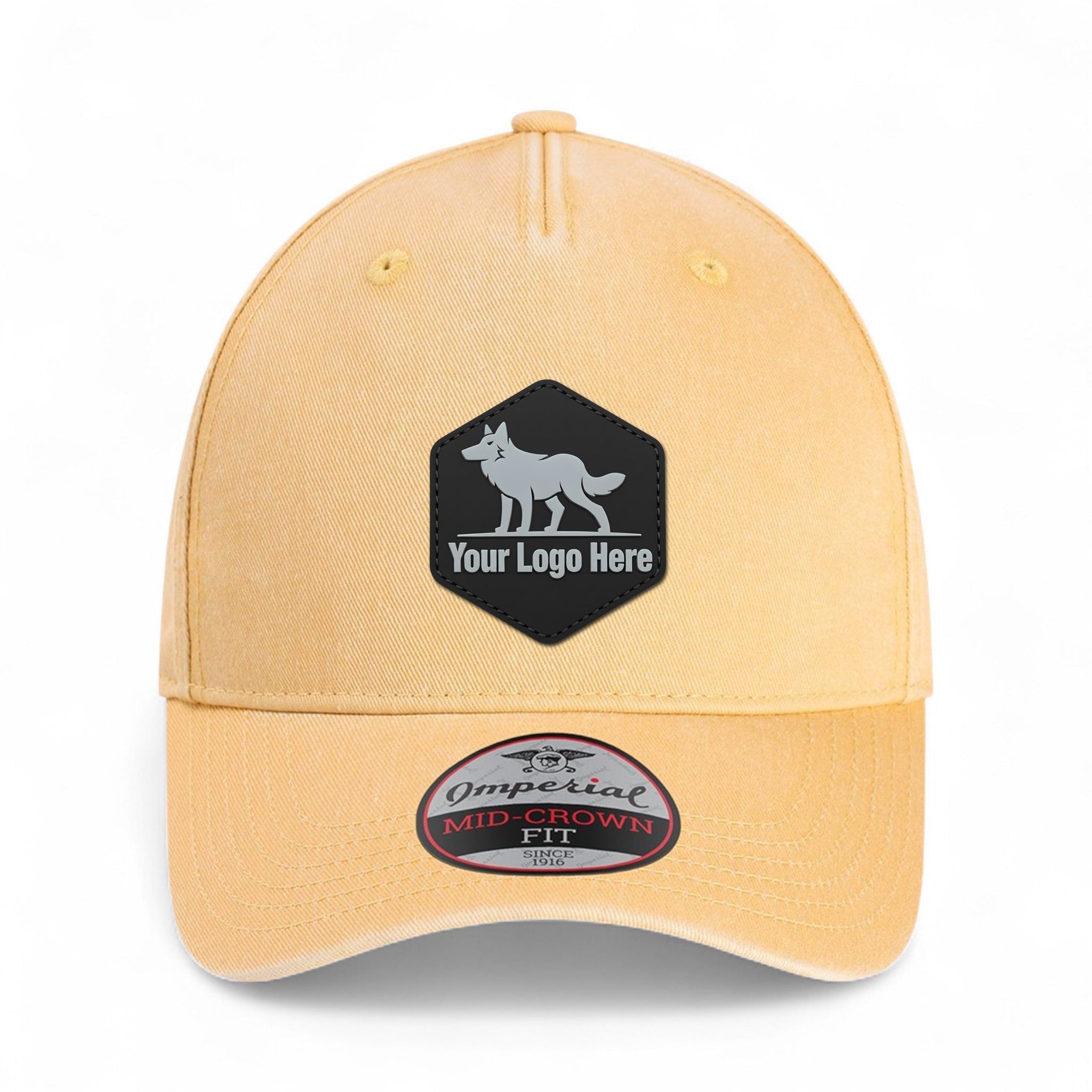 PVC patch preview of Imperial X240 custom hat in apricot