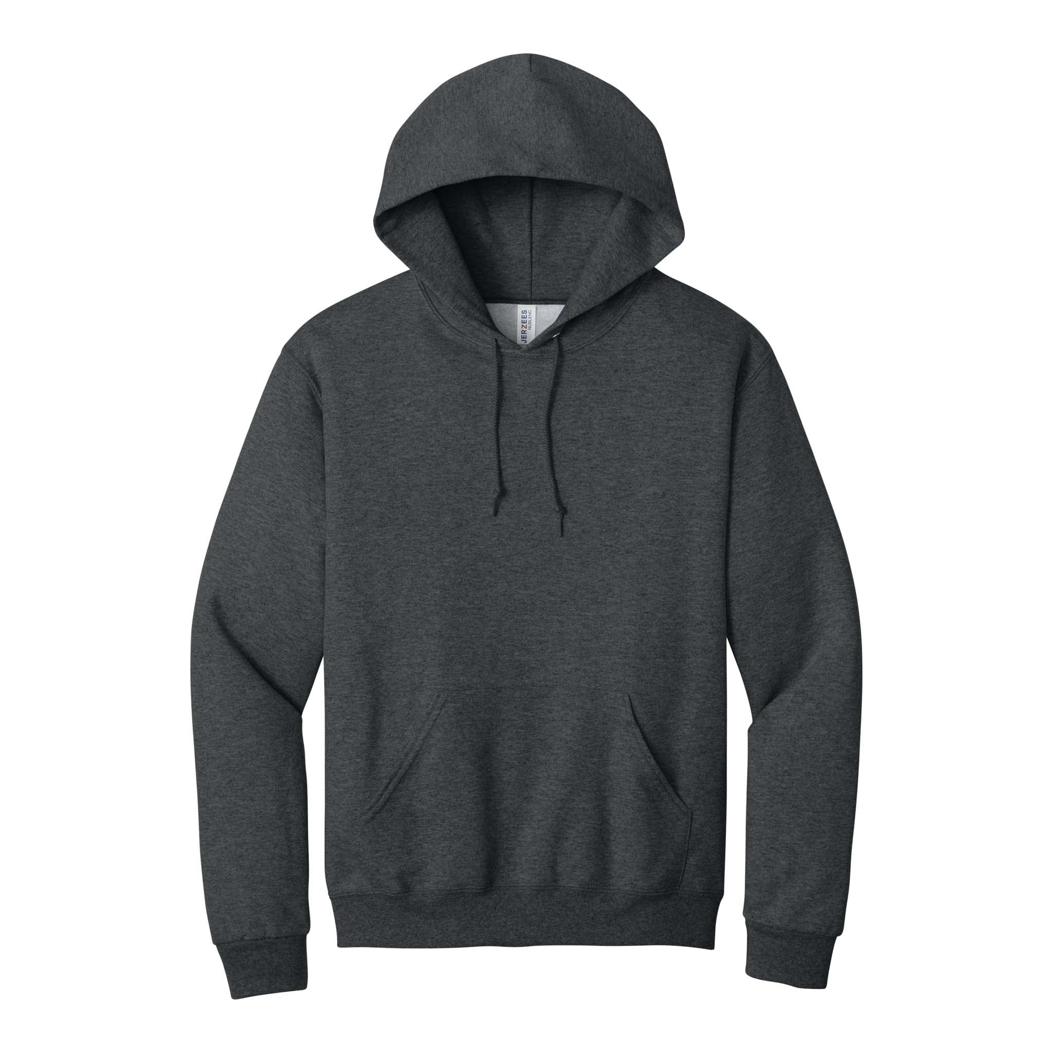 Jerzees 996MR custom hoodie in black heather, front view