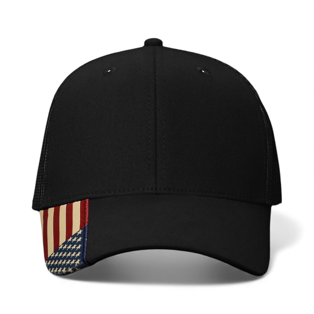 Front view of Kati AM350M custom hat in black and usa mesh