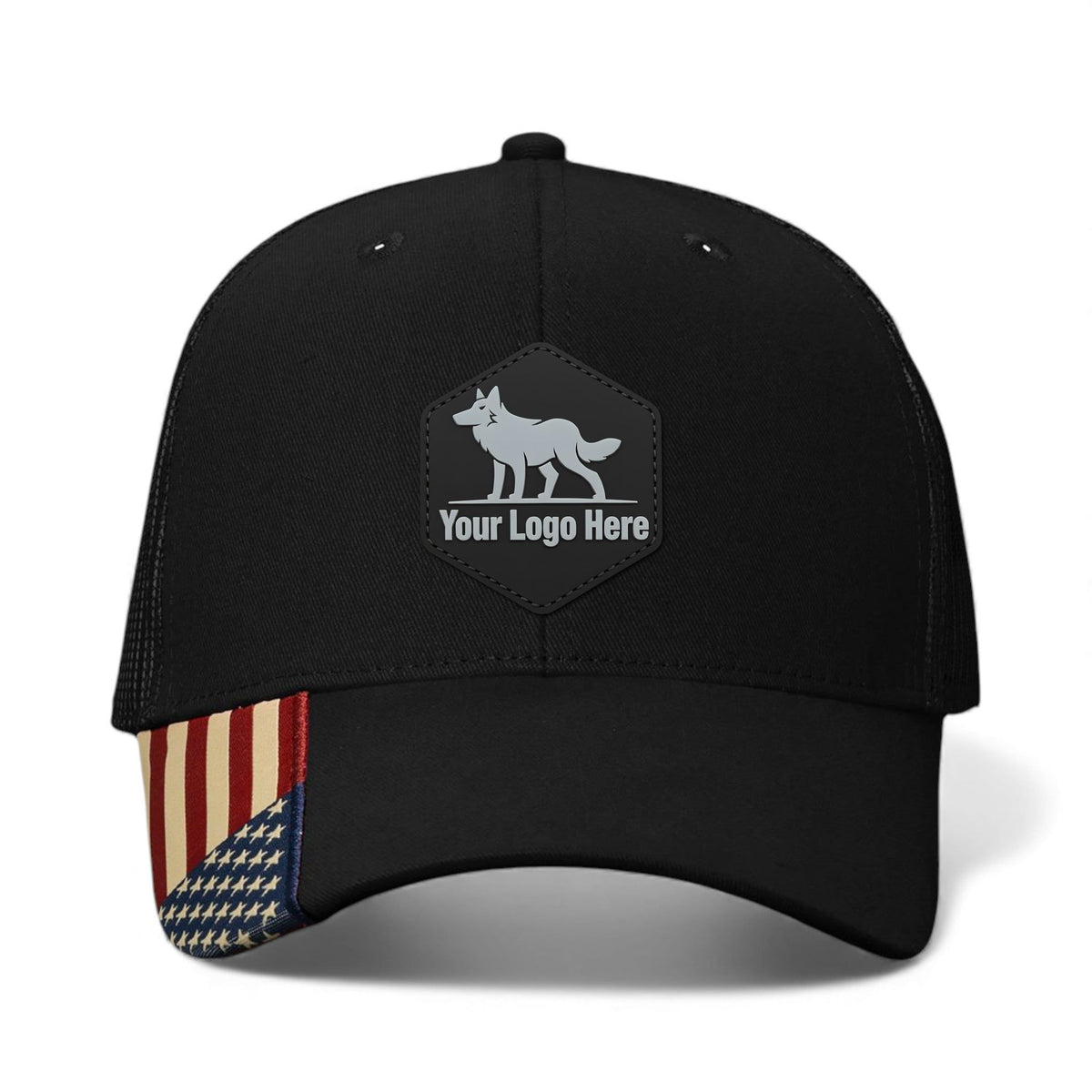 PVC patch preview of Kati AM350M custom hat in black and usa mesh