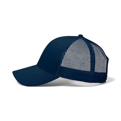 Left side view of Kati AM350M custom hat in navy and usa mesh