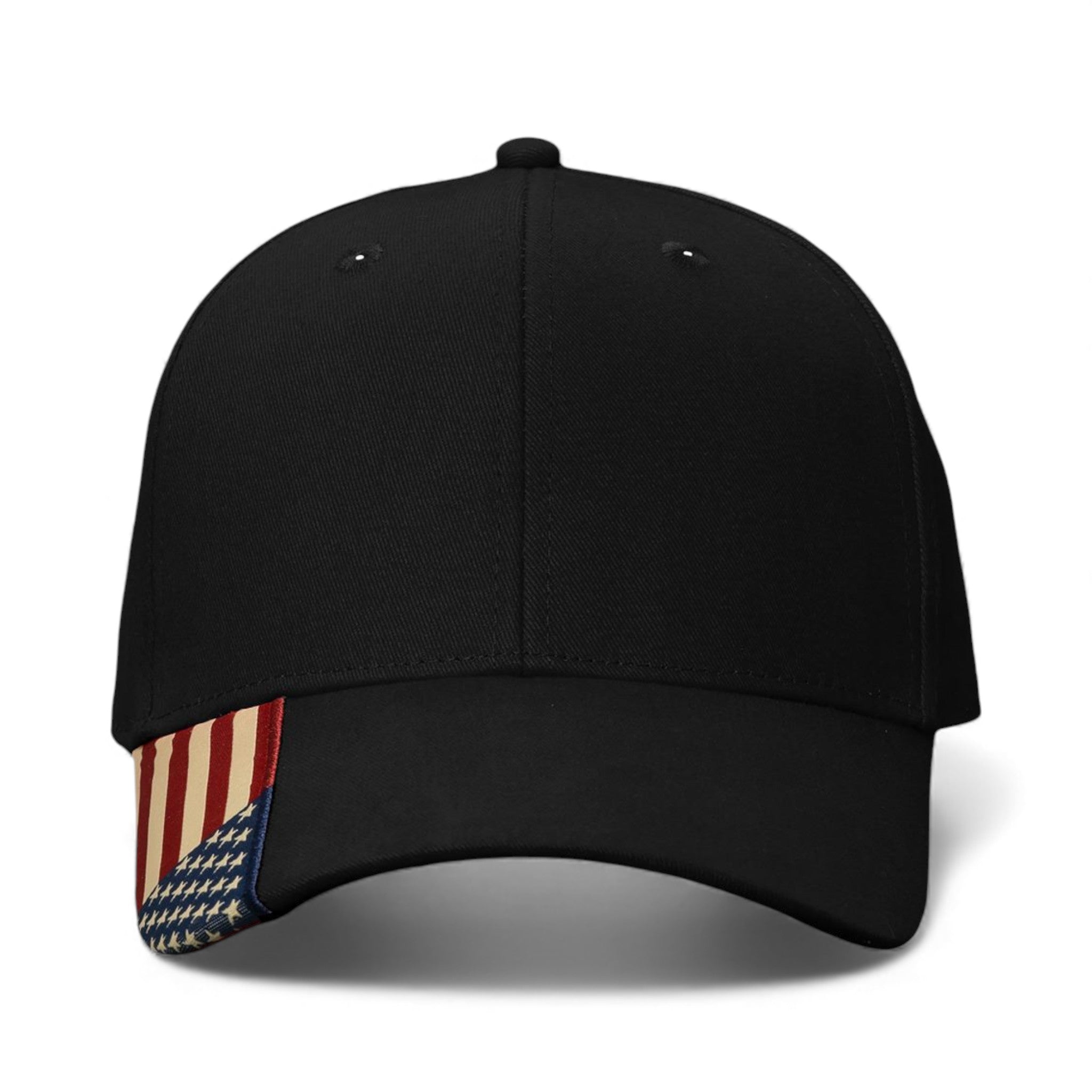 Front view of Kati AM350 custom hat in black and usa