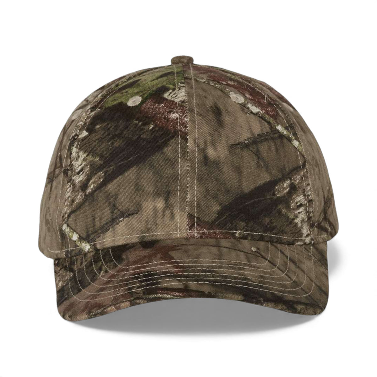 Front view of Kati LC10 custom hat in mossy oak country
