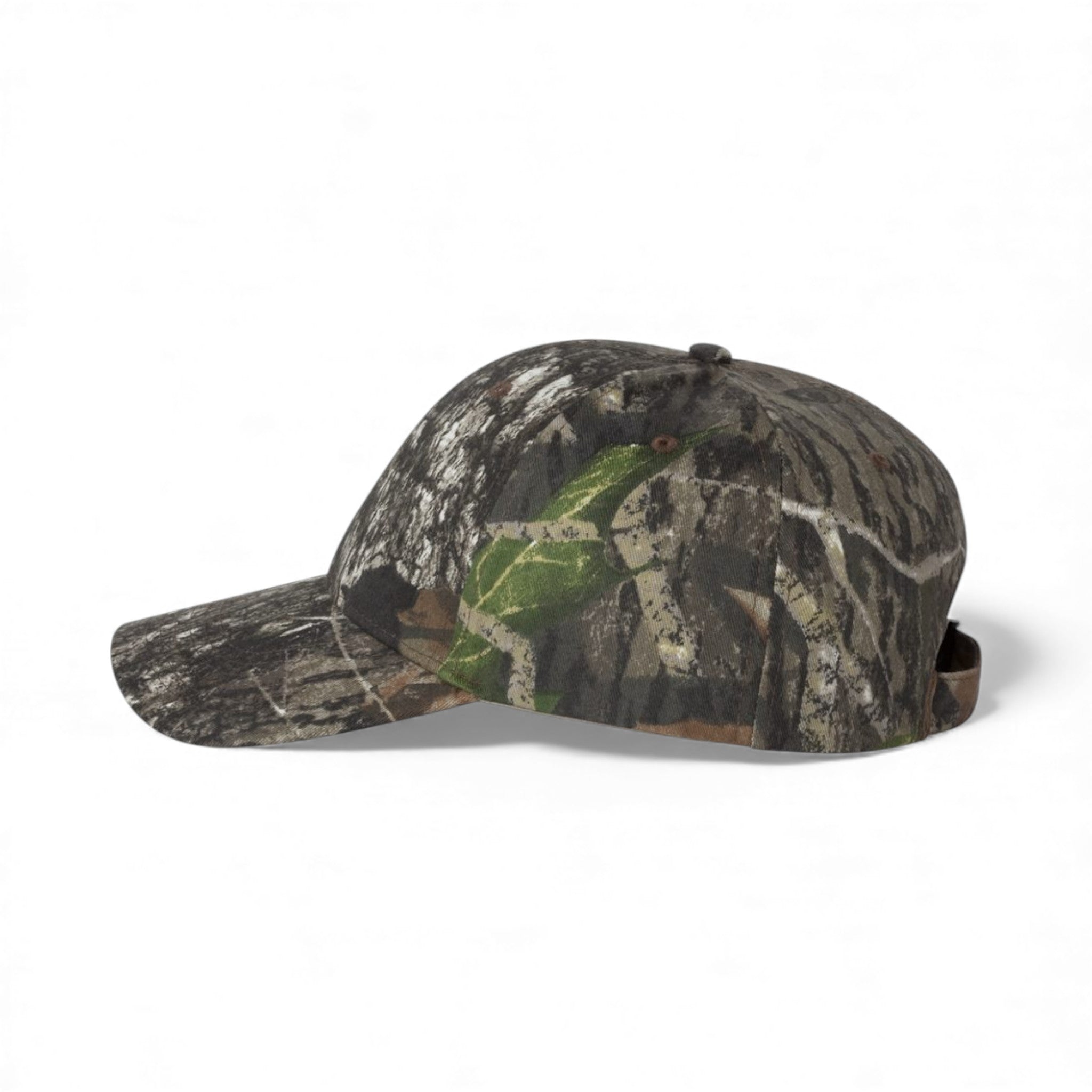 Left side view of Kati LC10 custom hat in mossy oak new breakup - mo15