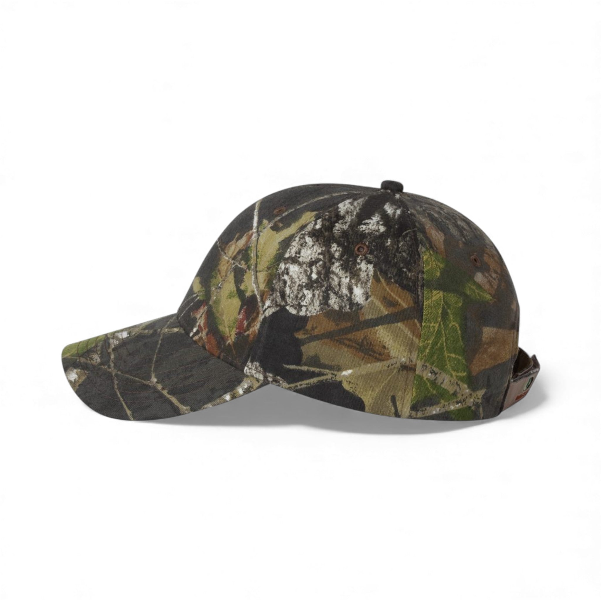 Left side view of Kati LC15V custom hat in mossy oak breakup