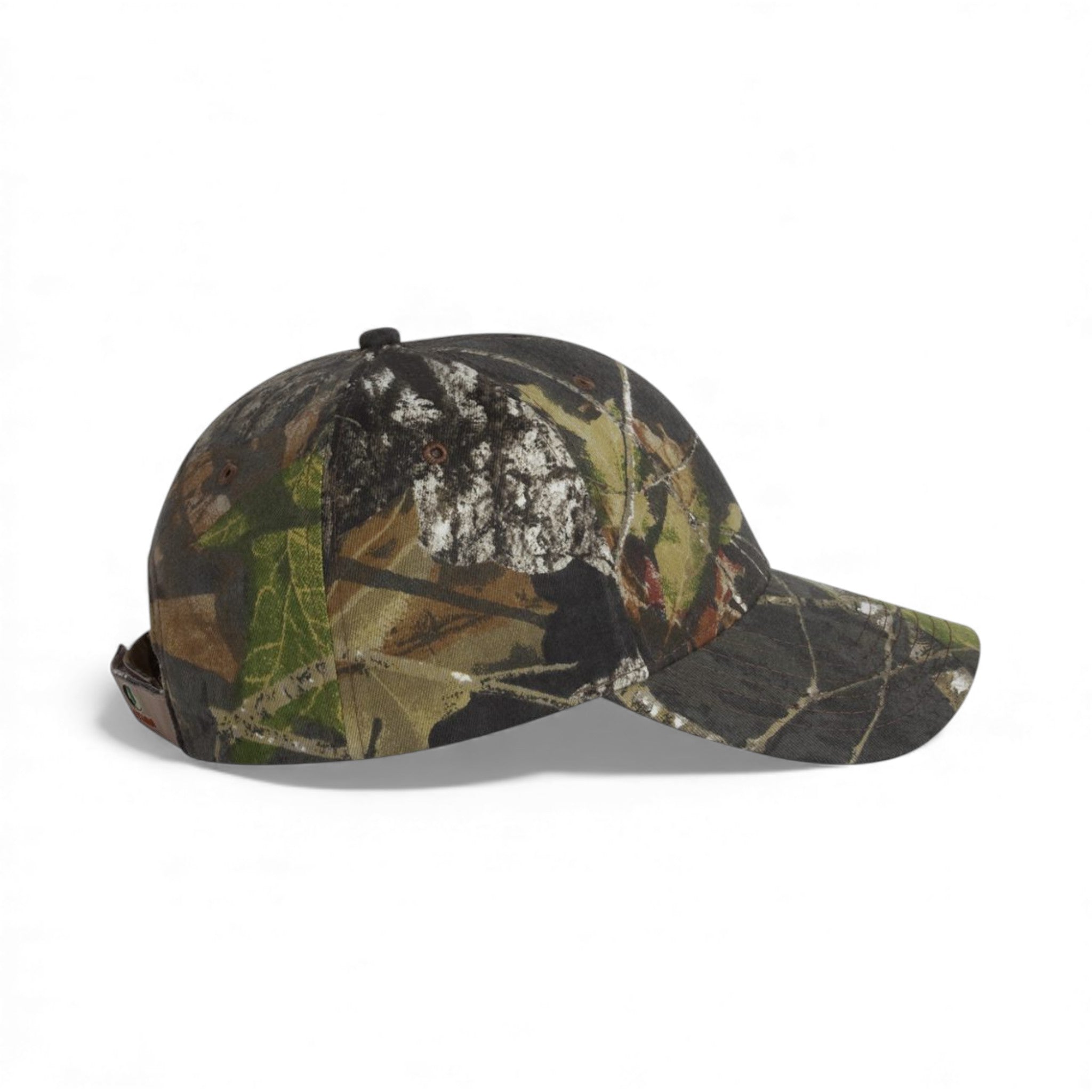 Right side view of Kati LC15V custom hat in mossy oak breakup