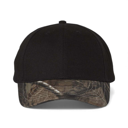 Front view of Kati LC25 custom hat in black and realtree ap