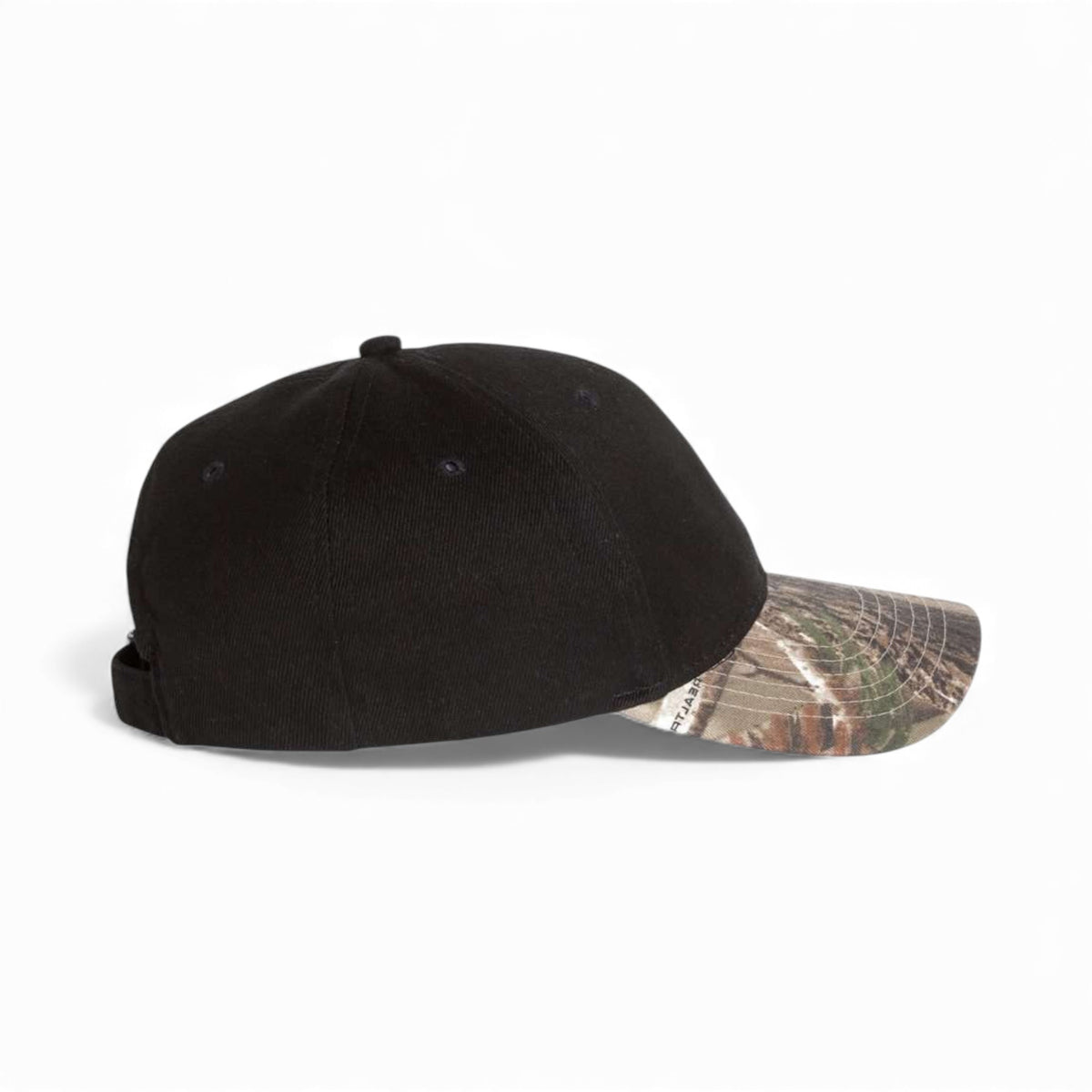 Right side view of Kati LC25 custom hat in black and realtree ap