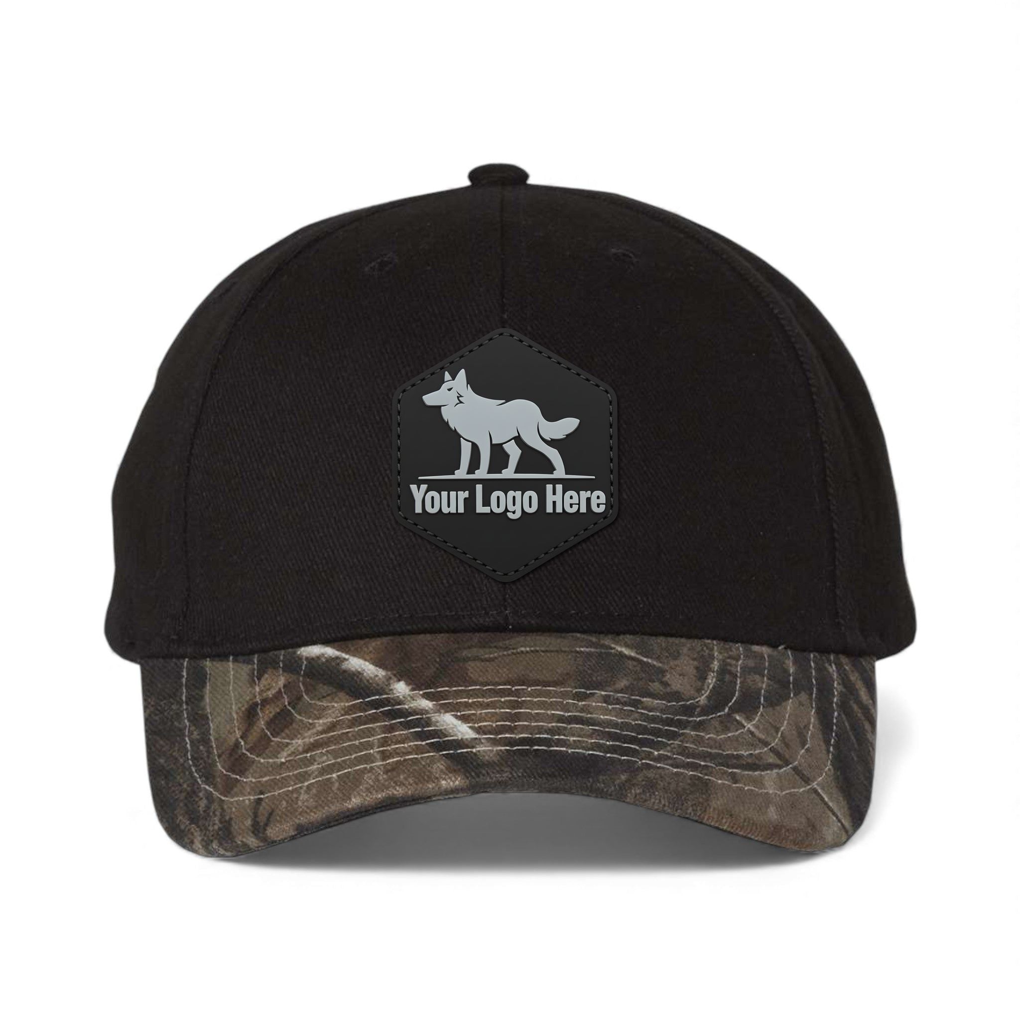 PVC patch preview of Kati LC25 custom hat in black and realtree ap