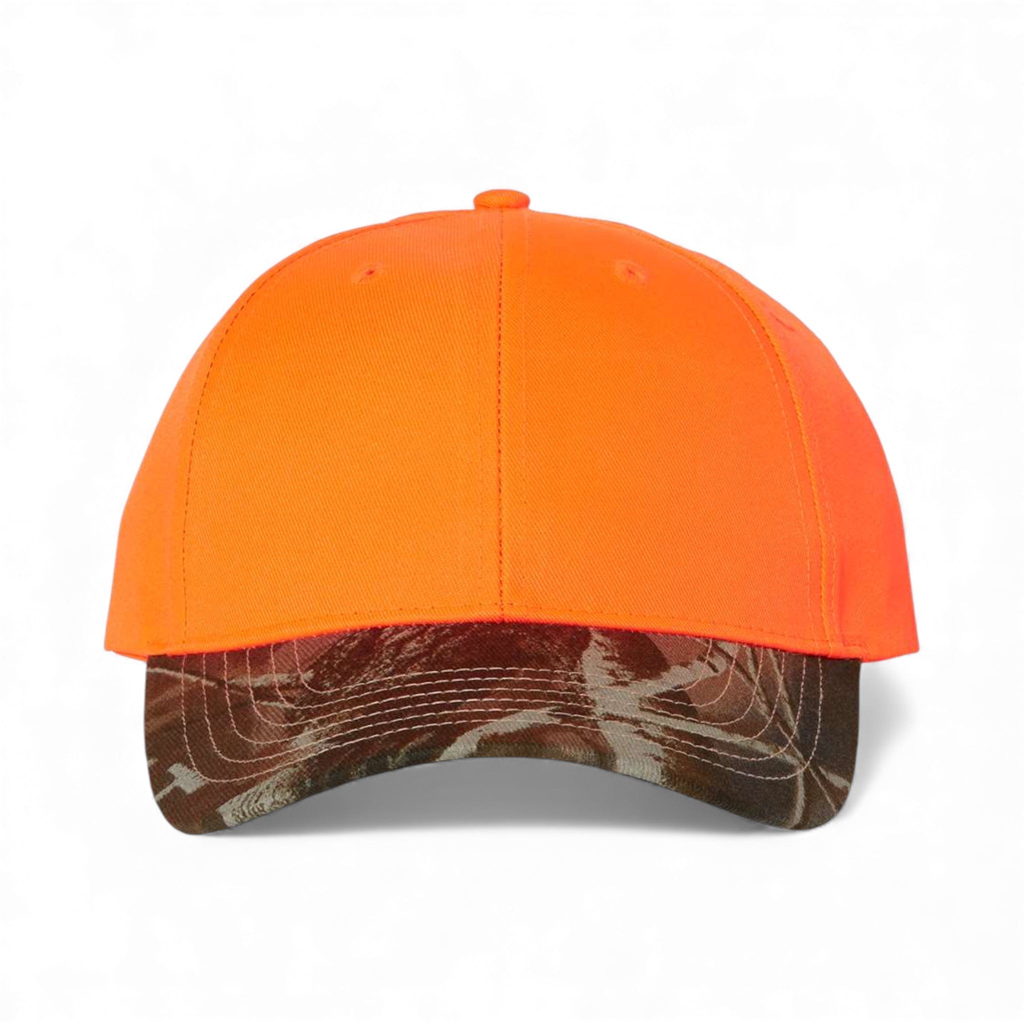 Front view of Kati LC25 custom hat in blaze and realtree hardwoods
