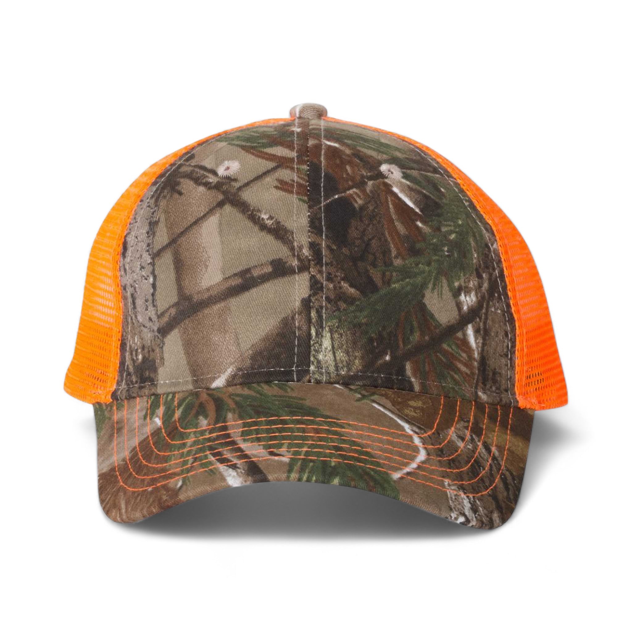 Front view of Kati LC5M custom hat in realtree ap and neon orange
