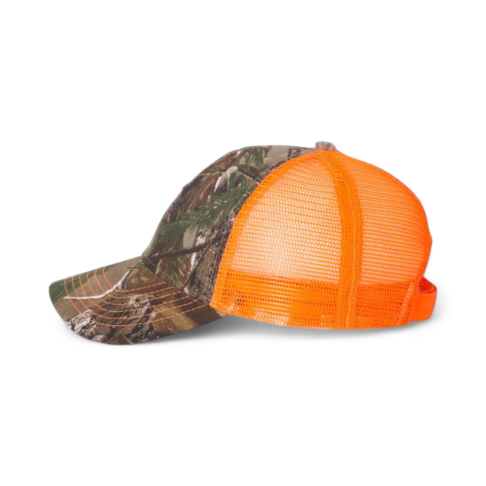 Side view of Kati LC5M custom hat in realtree ap and neon orange