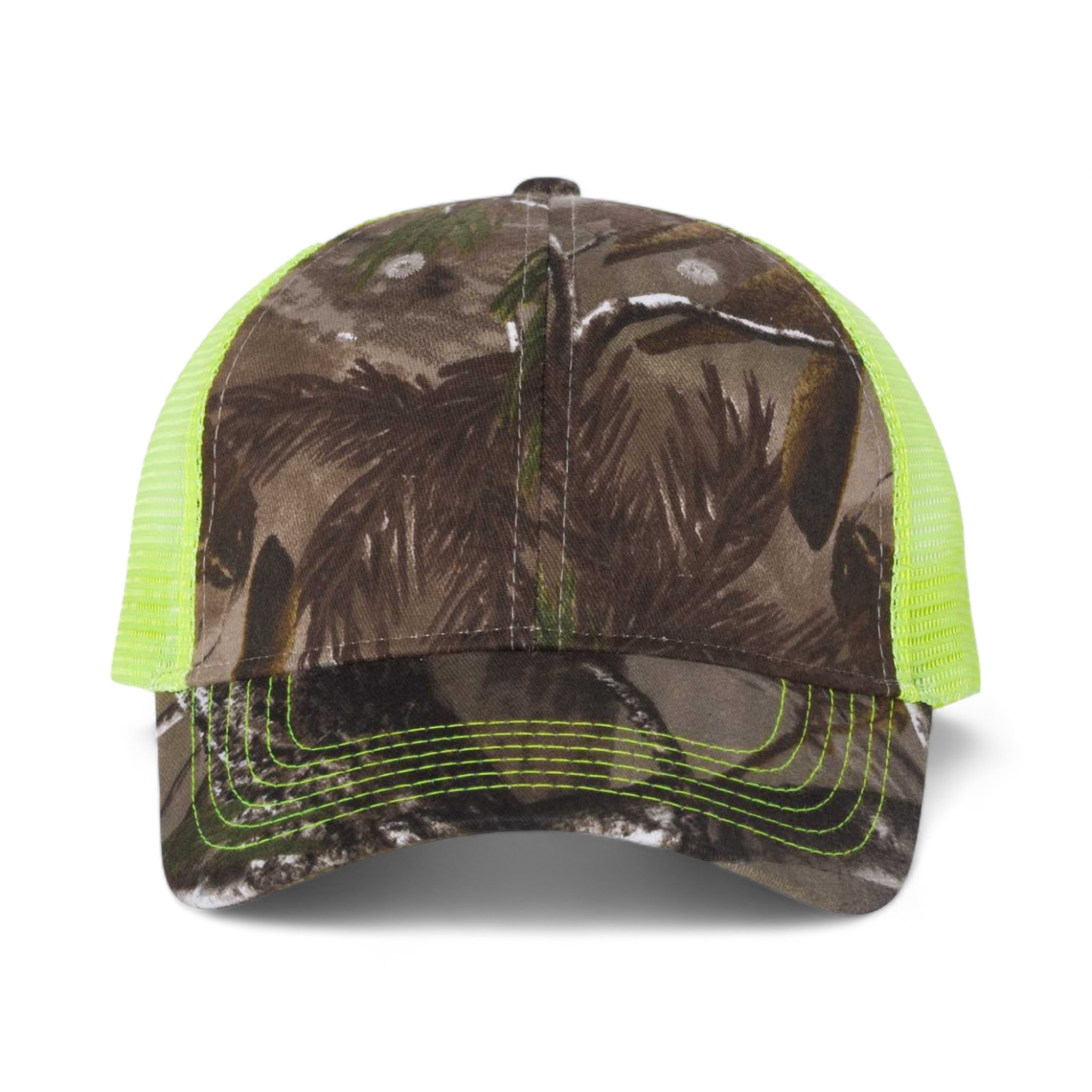 Front view of Kati LC5M custom hat in realtree ap and neon yellow
