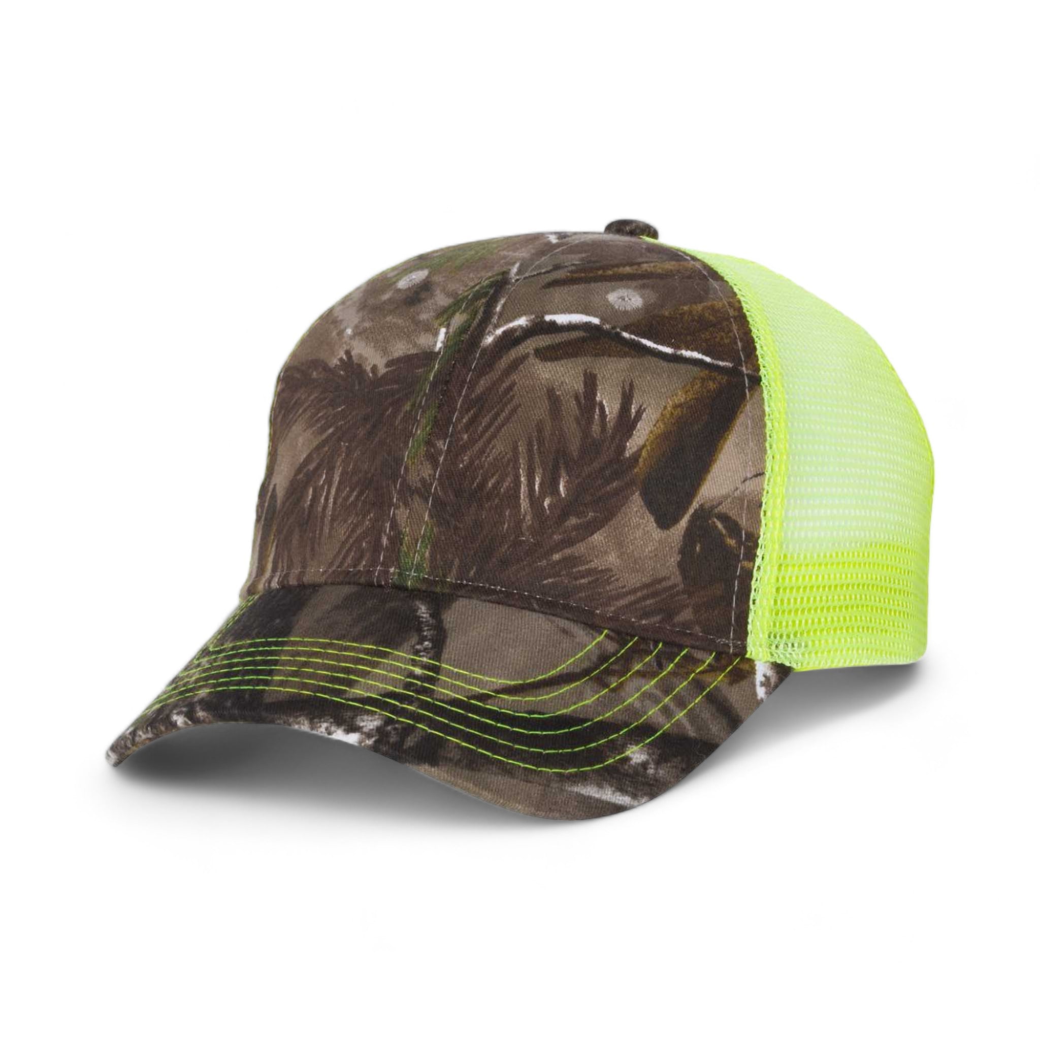 Side view of Kati LC5M custom hat in realtree ap and neon yellow