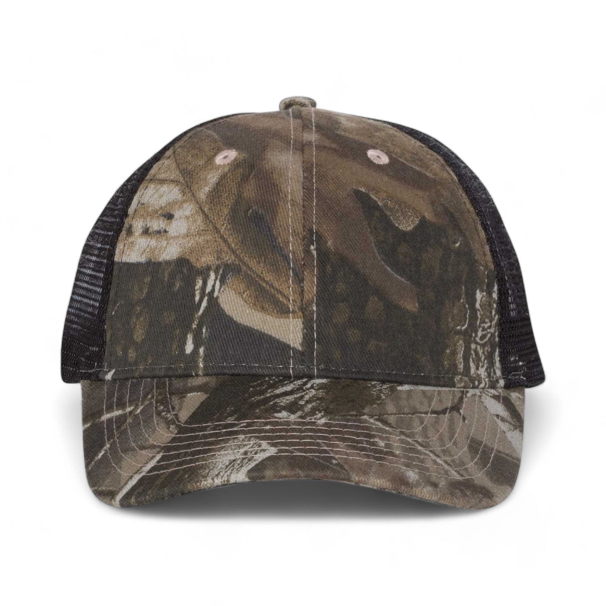 Front view of Kati LC5M custom hat in realtree hardwoods and black