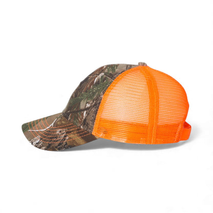 Left side view of Kati LC5M custom hat in realtree ap and neon orange