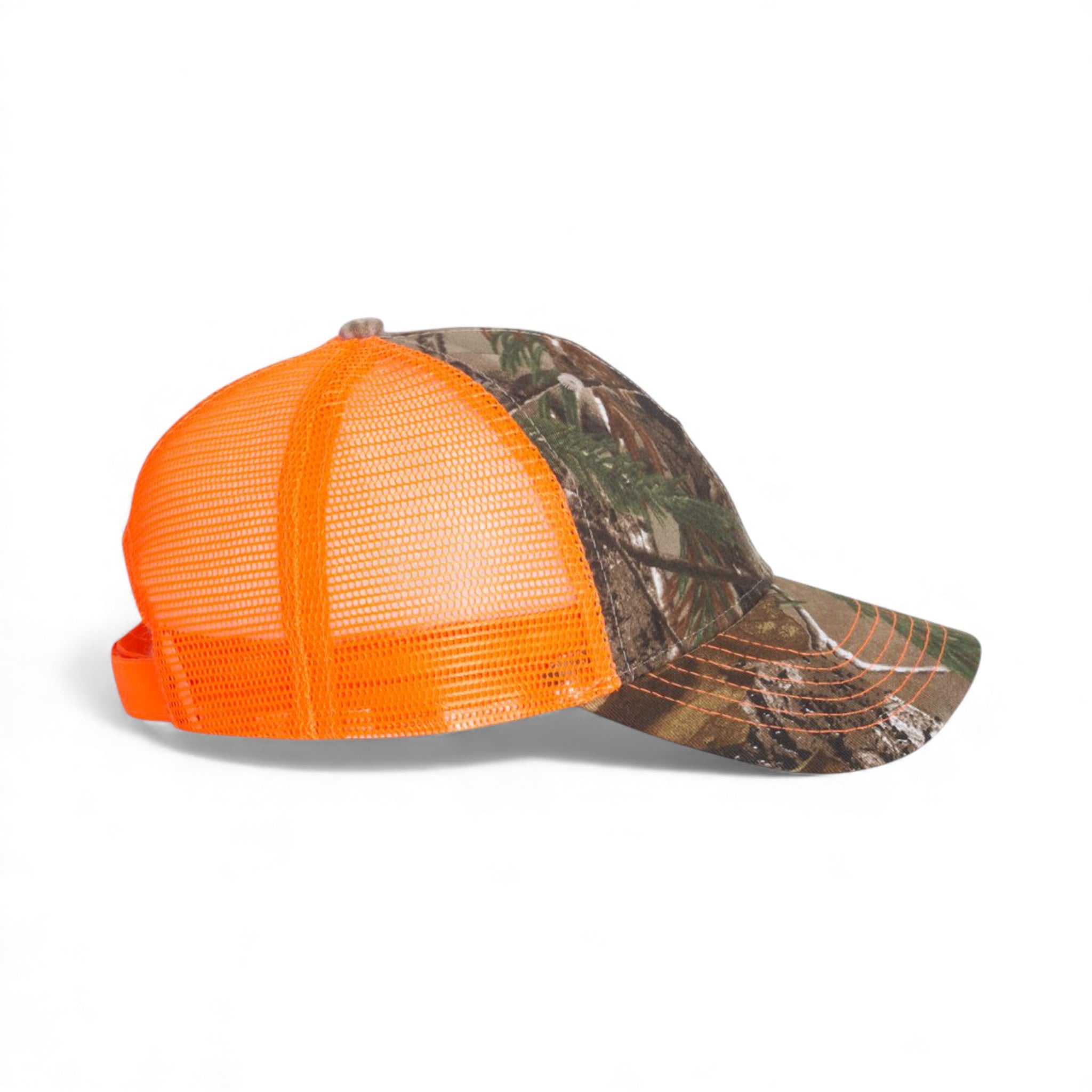 Right side view of Kati LC5M custom hat in realtree ap and neon orange