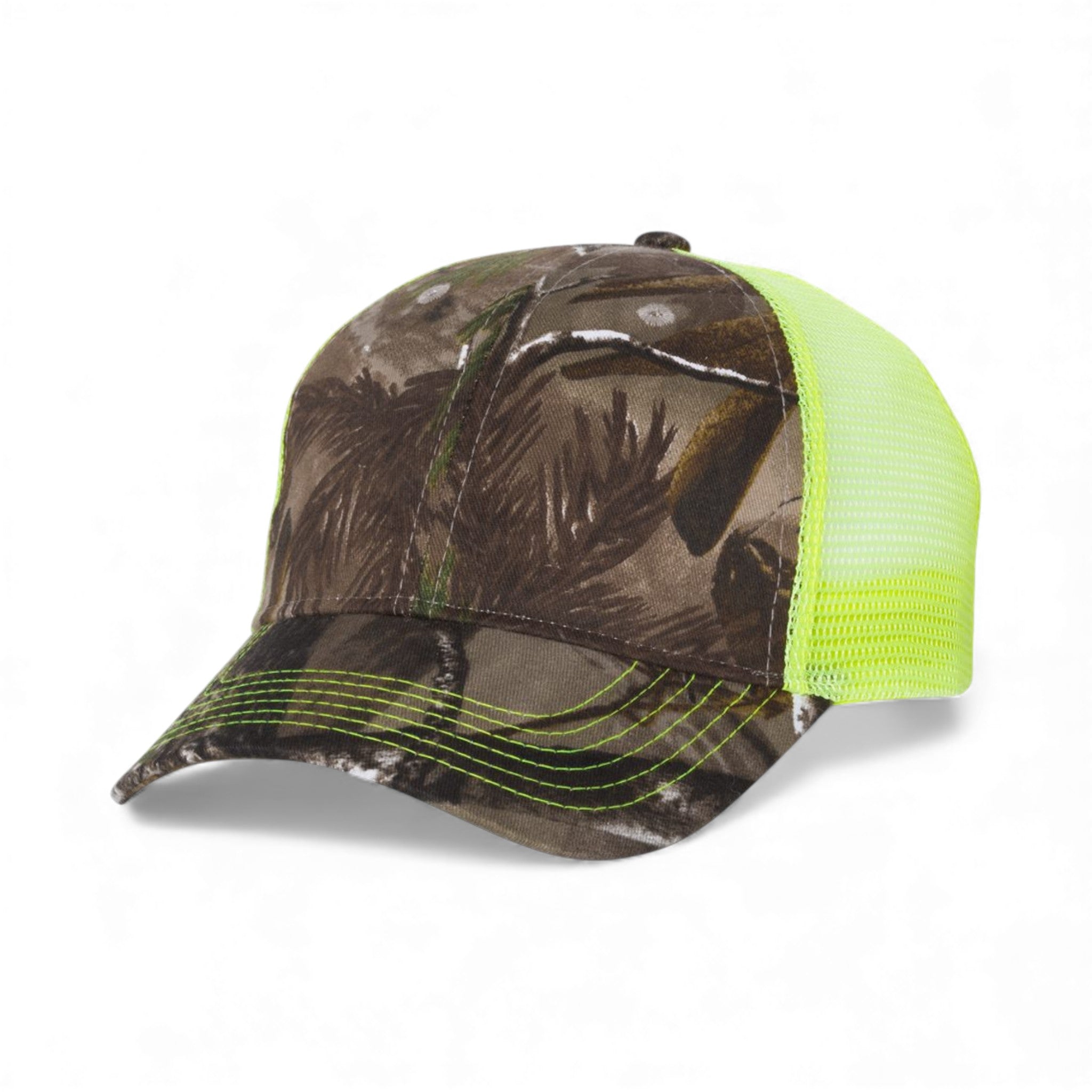 Left side view of Kati LC5M custom hat in realtree ap and neon yellow
