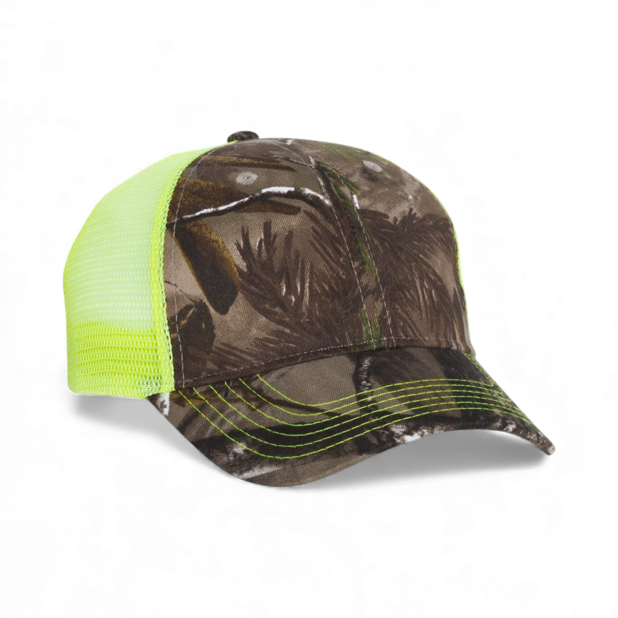 Right side view of Kati LC5M custom hat in realtree ap and neon yellow