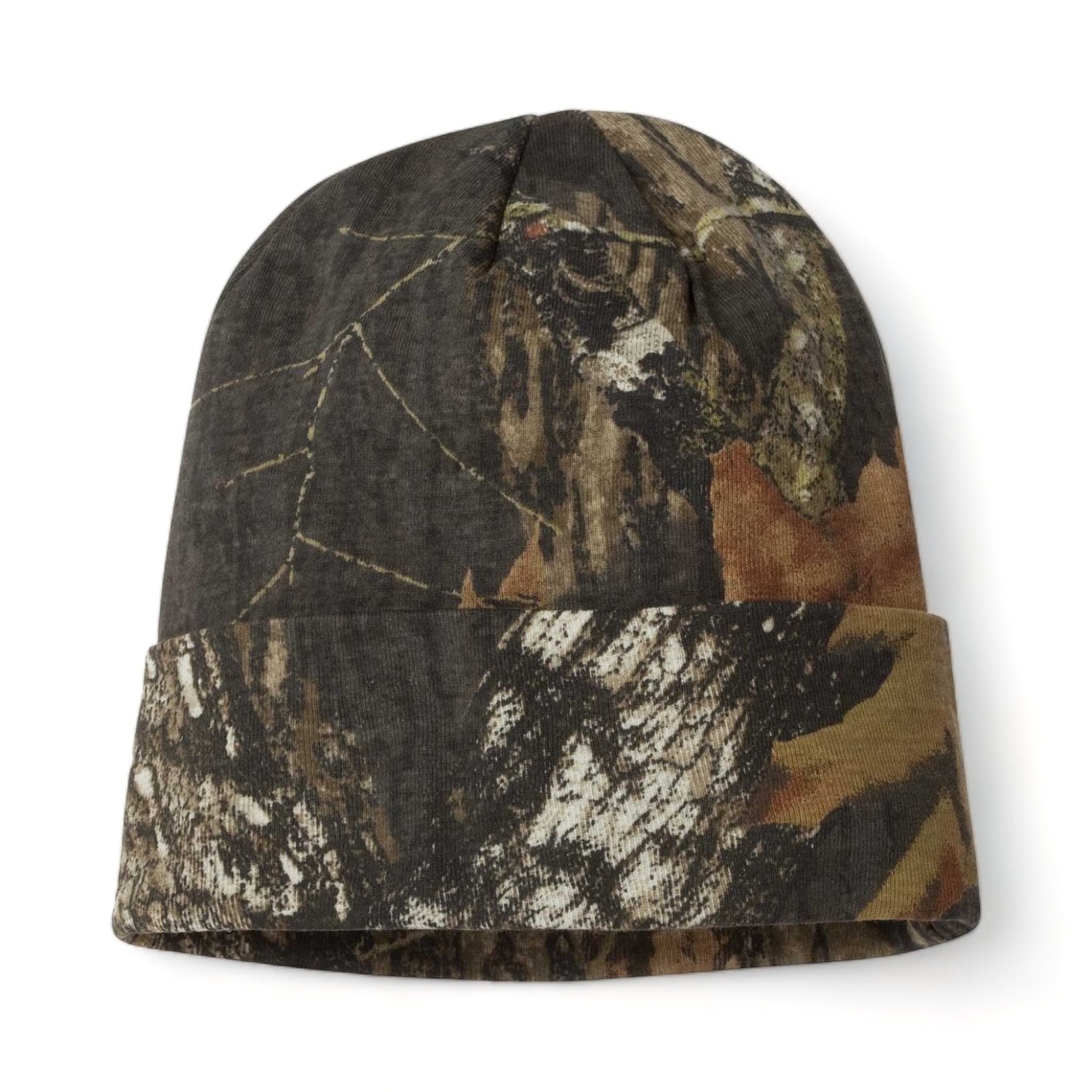 Front view of Kati LCB12 custom hat in mossy oak breakup