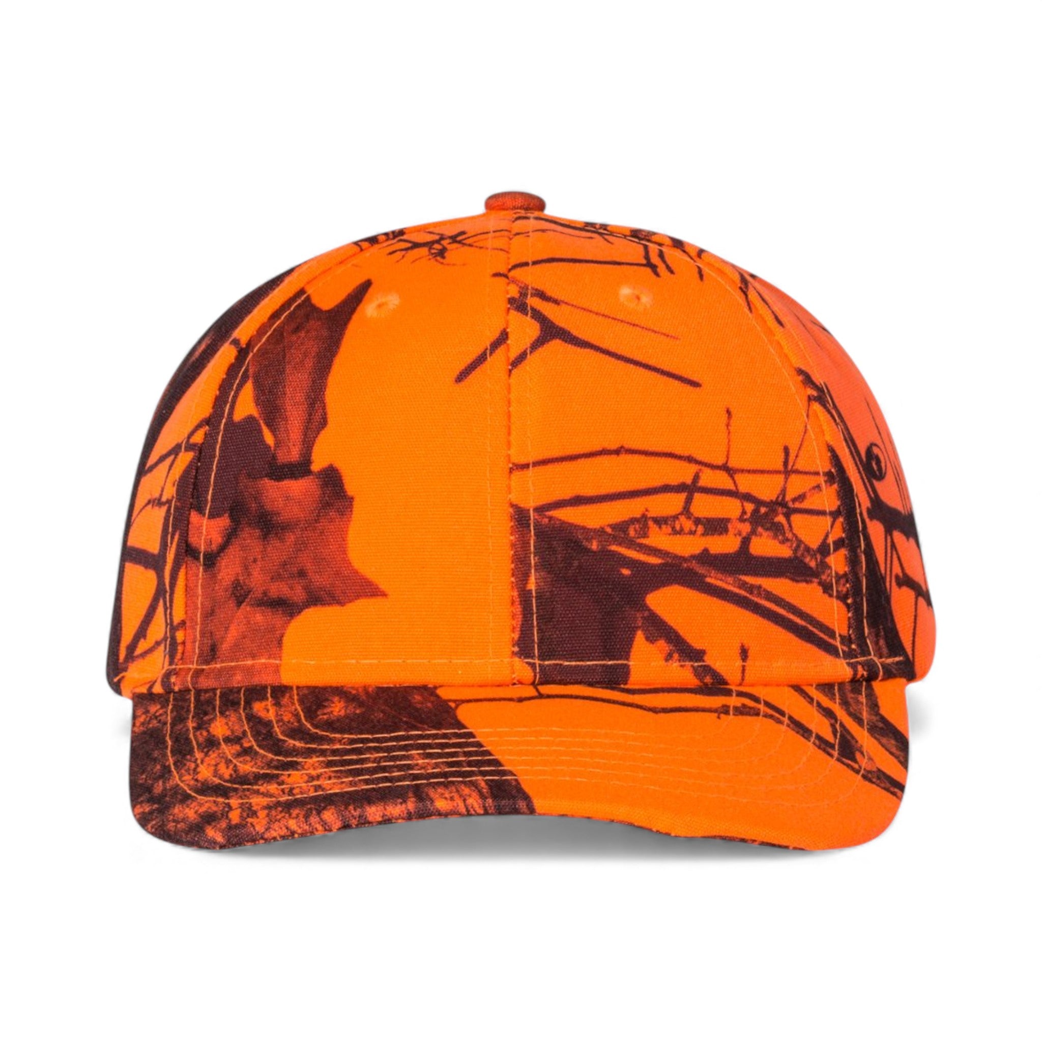 Front view of Kati SN200 custom hat in mossy oak break-up blaze orange