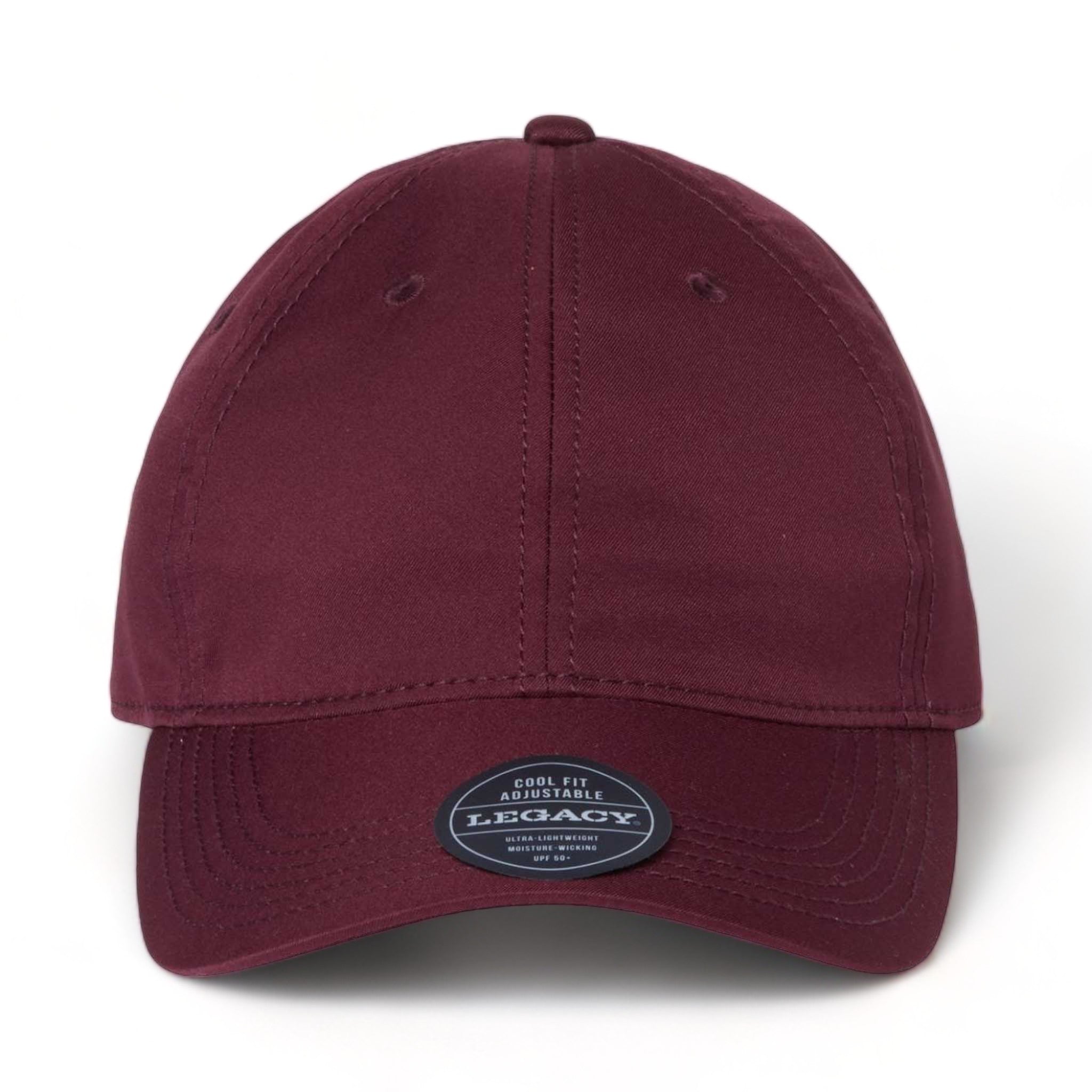 Front view of LEGACY CFA custom hat in burgundy