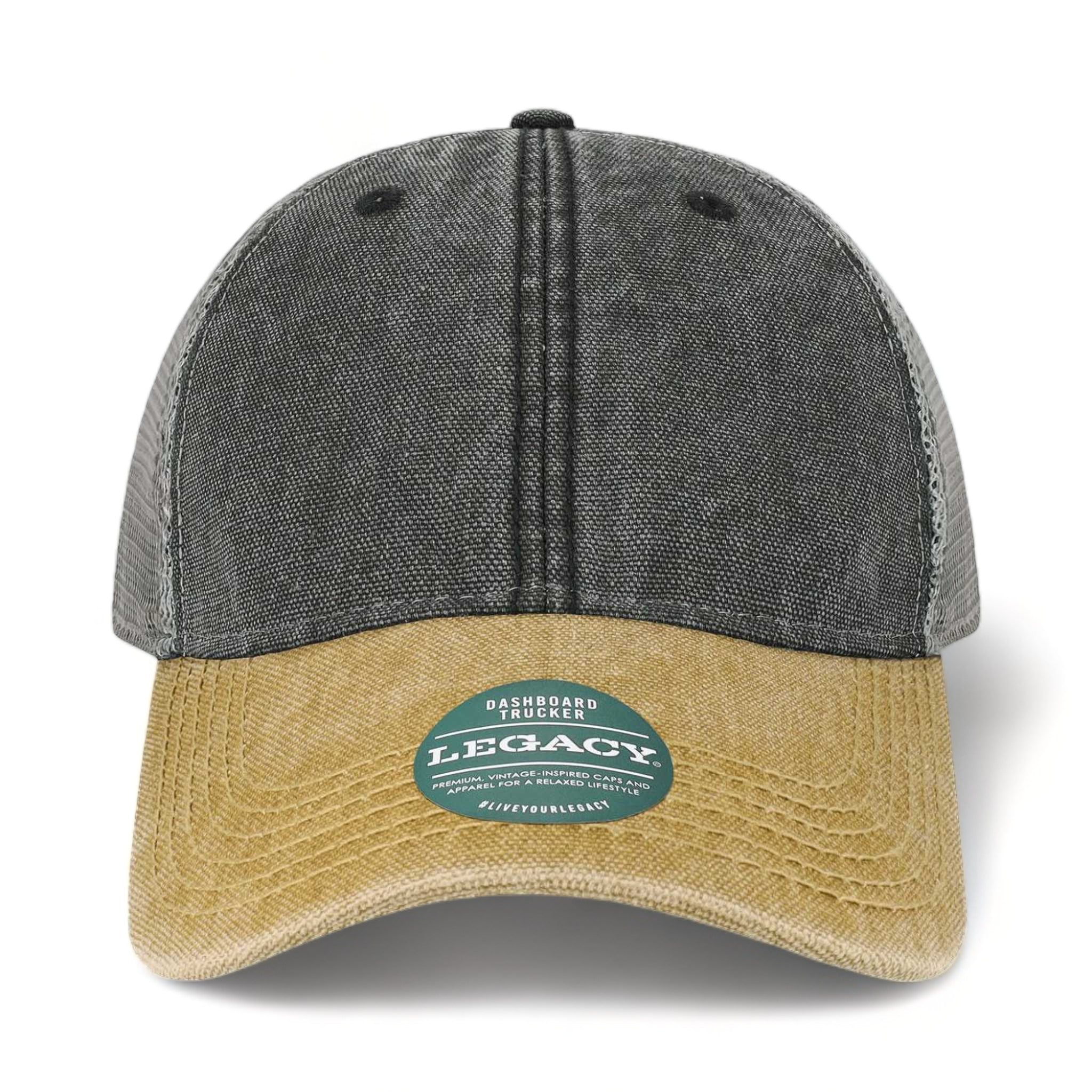 Front view of LEGACY DTA custom hat in black, camel and grey