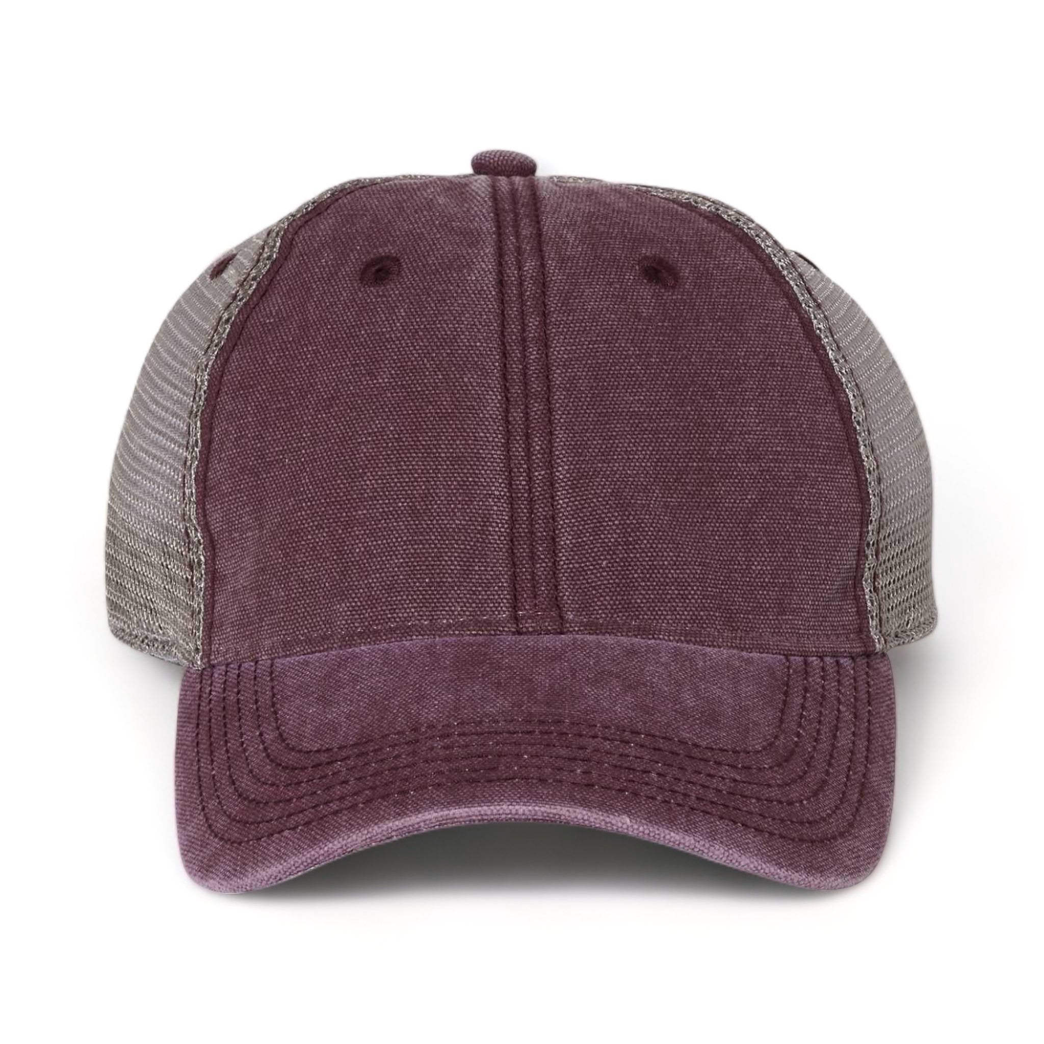 Front view of LEGACY DTA custom hat in burgundy and grey
