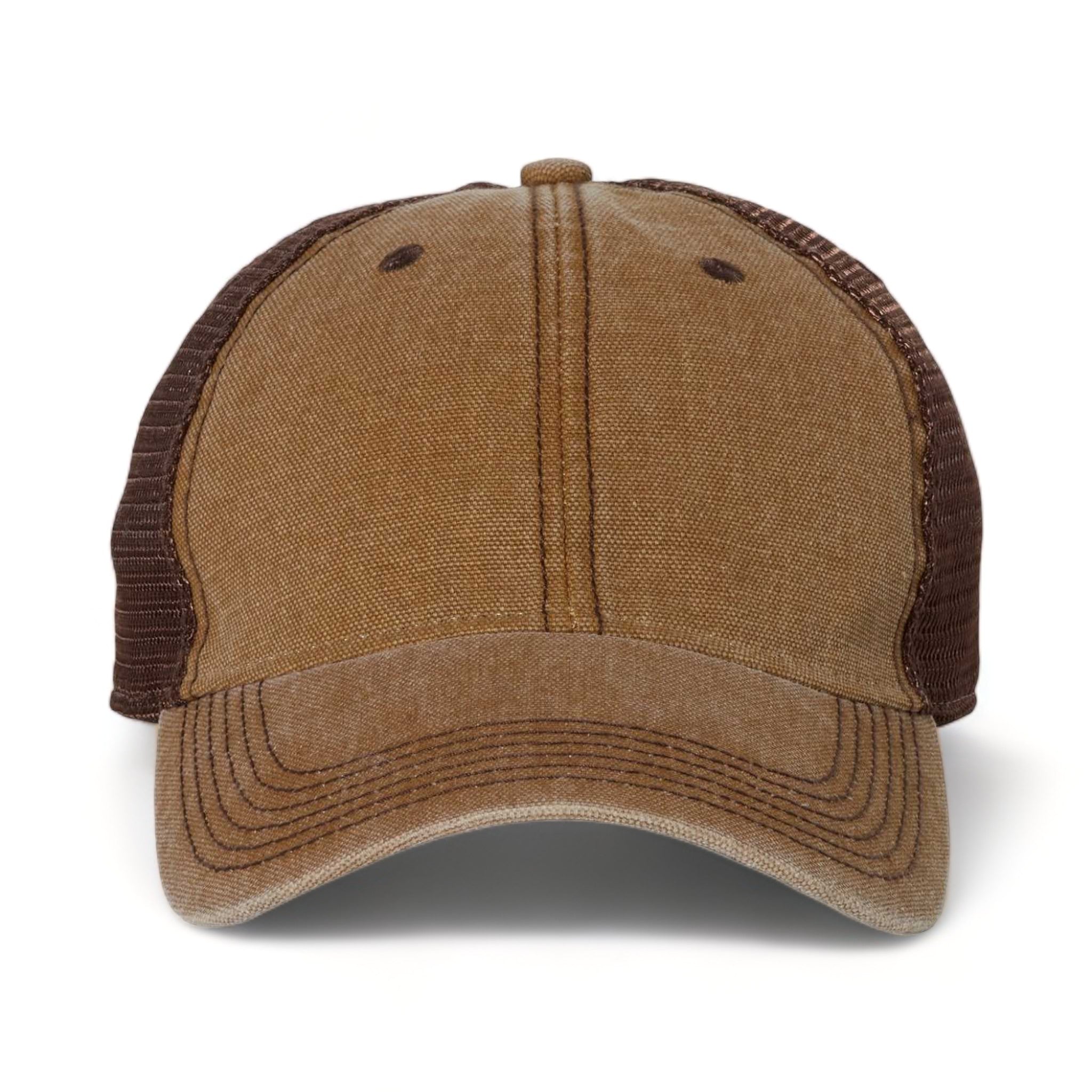 Front view of LEGACY DTA custom hat in camel and brown