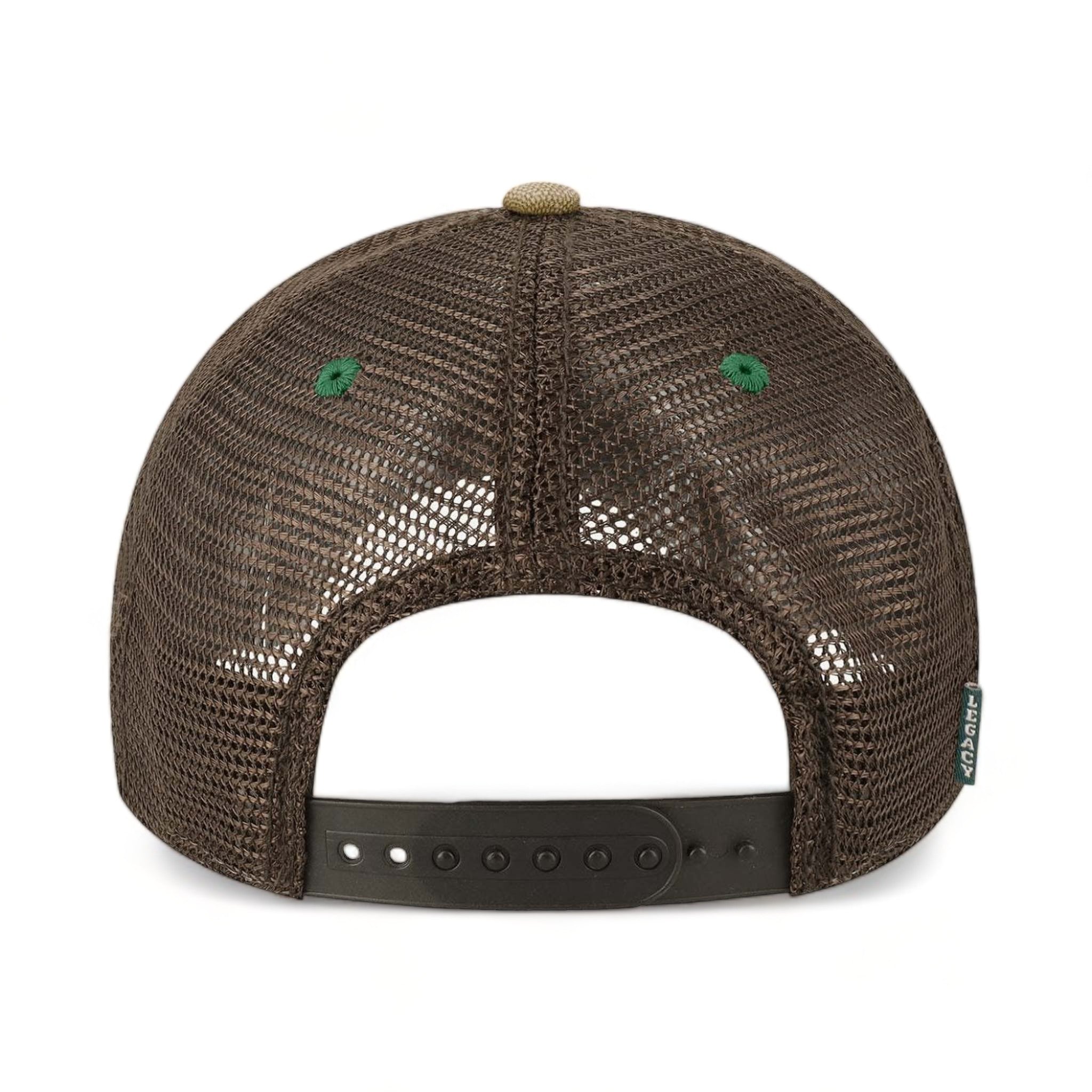 Back view of LEGACY DTA custom hat in green, camel and brown